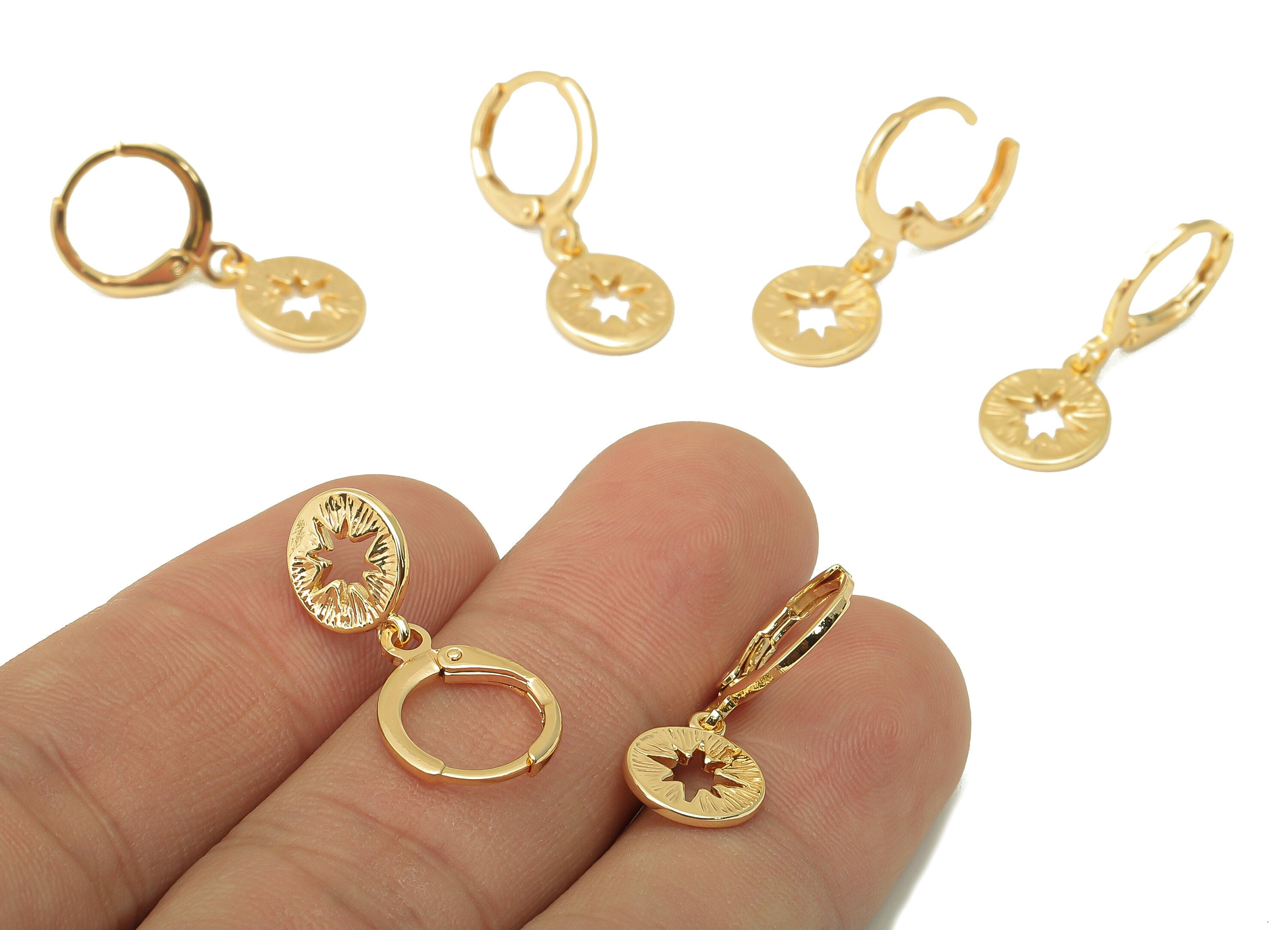 Brass Clasp Earring - North Star Lever back Earring Huggie - Hollow Star Hoop- 18K Real Gold Plating -25x11x1mm - RGP6070 - DOMEDBAZAAR