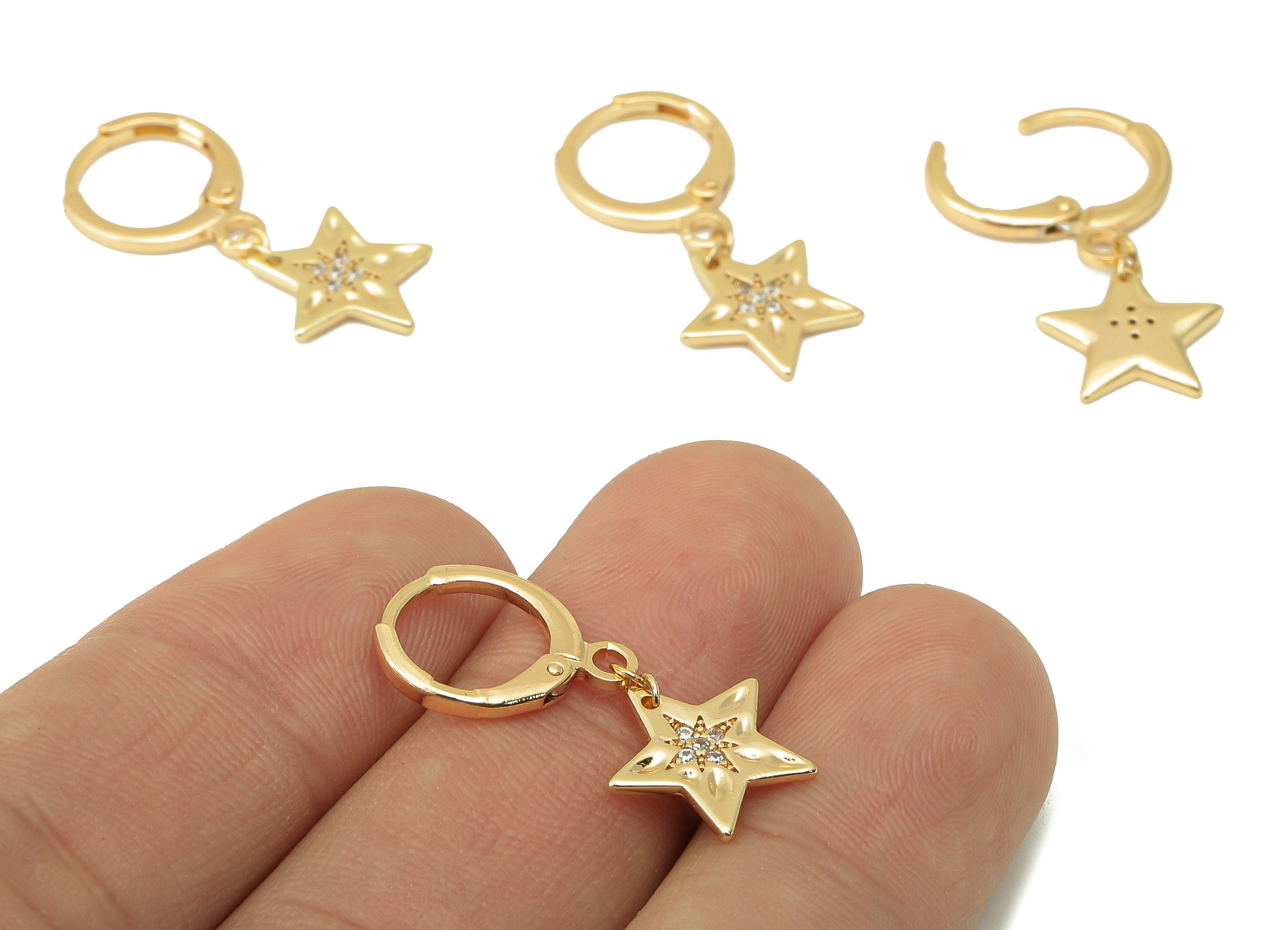 Brass Clasp Earring - CZ North Star Lever back Earring Huggie - Cubic Zirconia Star Hoop- 18K Real Gold Plating -27.36x 11x 1.27mm - RGP6071 - DOMEDBAZAAR