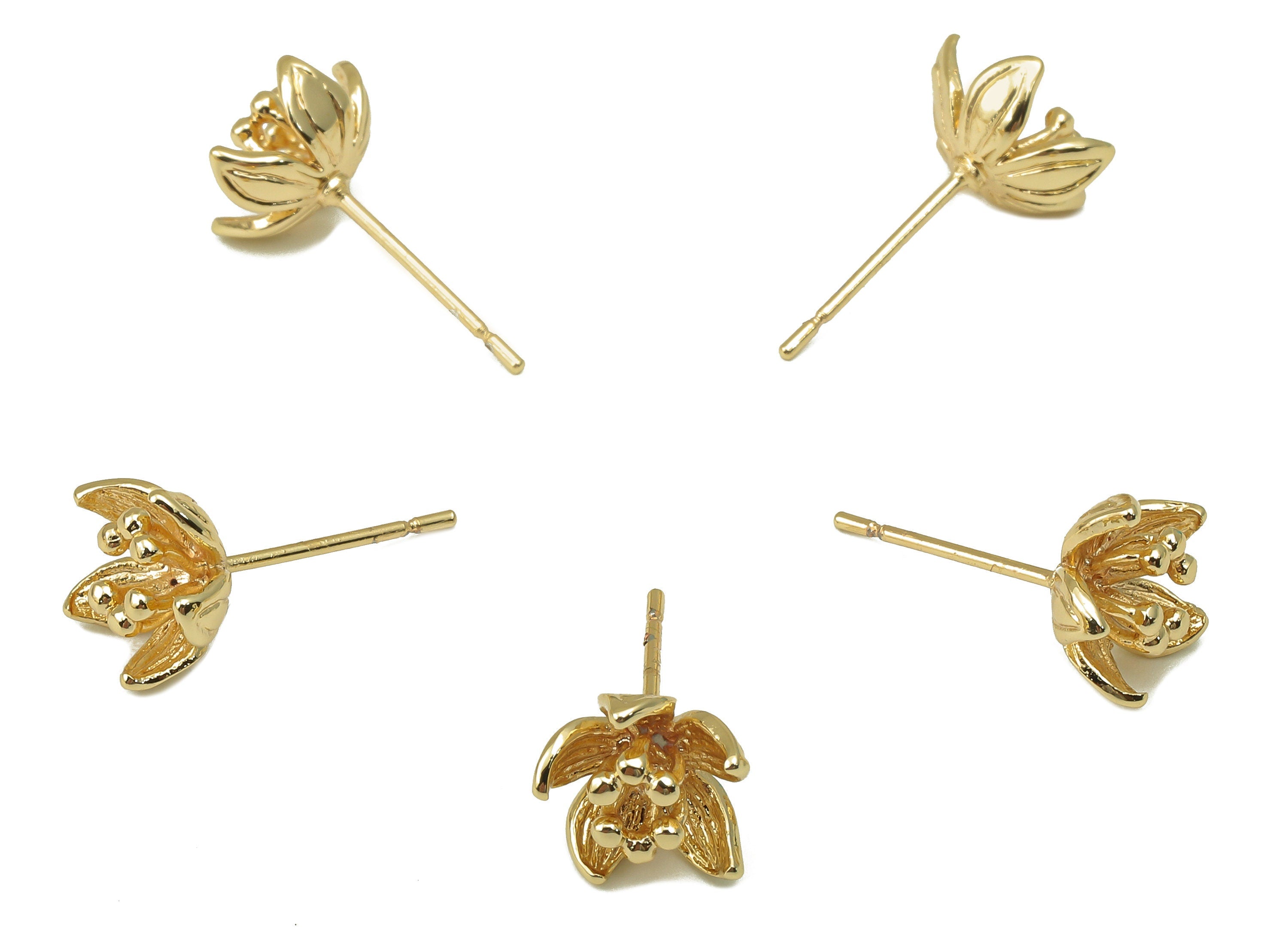 Brass Tulip Stud Earring - Waterlily Earring Post - Botanical Earring - 18K Real Gold Plated - 9x8.5x1.3mm RGP5919G - DOMEDBAZAAR