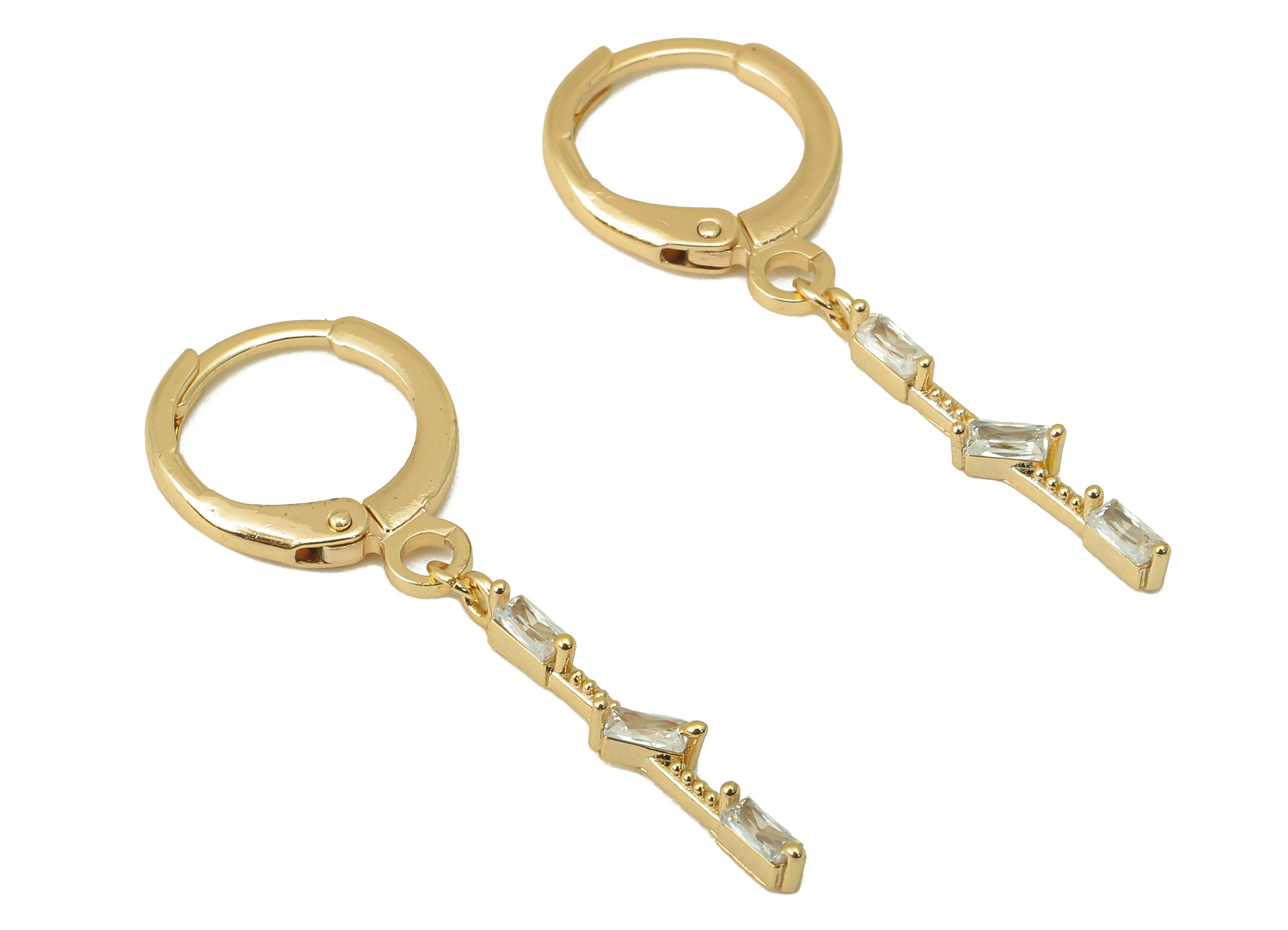 Brass Clasp Earring - CZ Emerald Lever back Earring Huggie - Cubic Zirconia Rectangle Bar Hoop- 18K Real Gold Plating -33x11x1.7mm - RGP6072 - DOMEDBAZAAR
