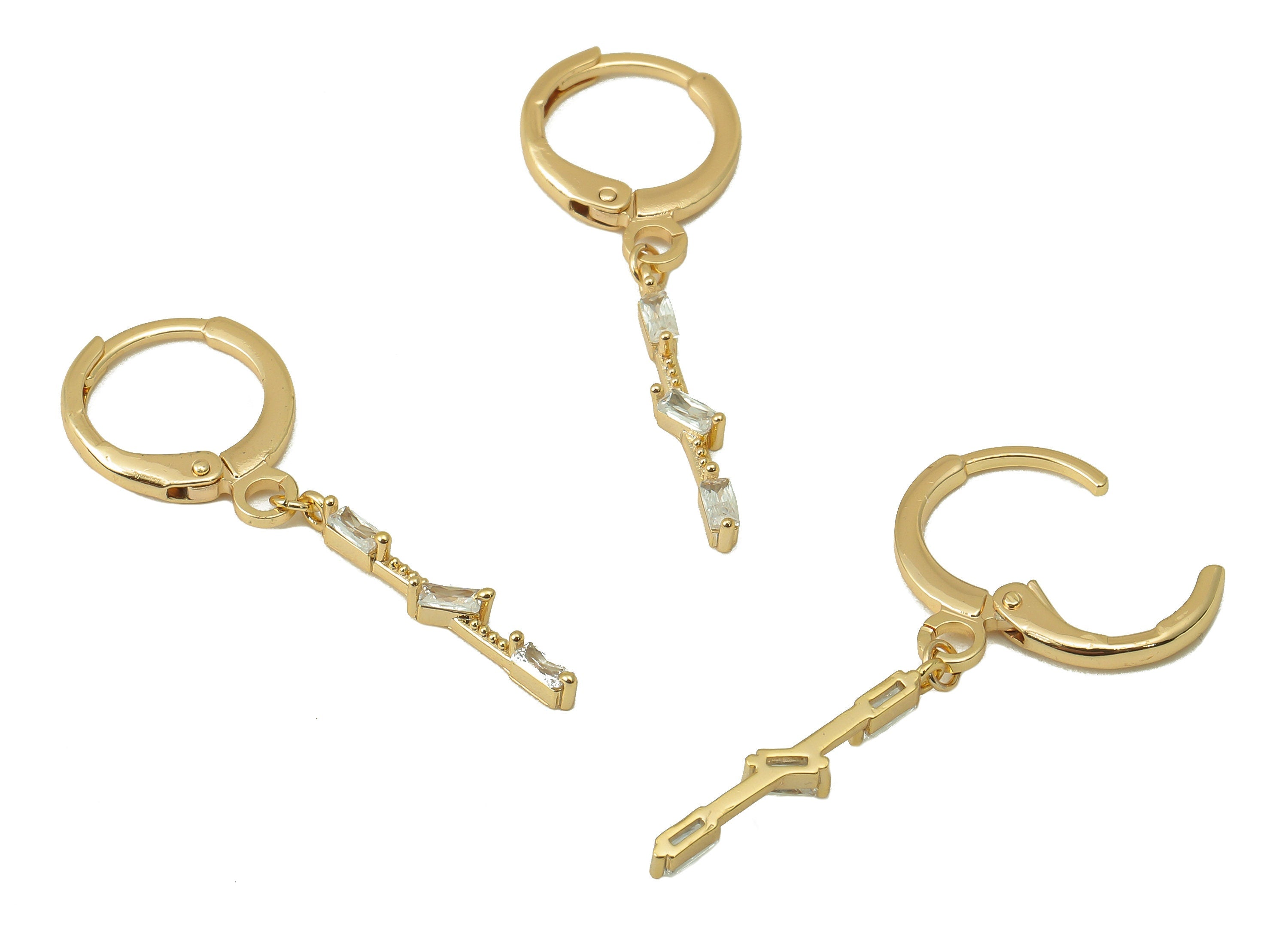 Brass Clasp Earring - CZ Emerald Lever back Earring Huggie - Cubic Zirconia Rectangle Bar Hoop- 18K Real Gold Plating -33x11x1.7mm - RGP6072 - DOMEDBAZAAR