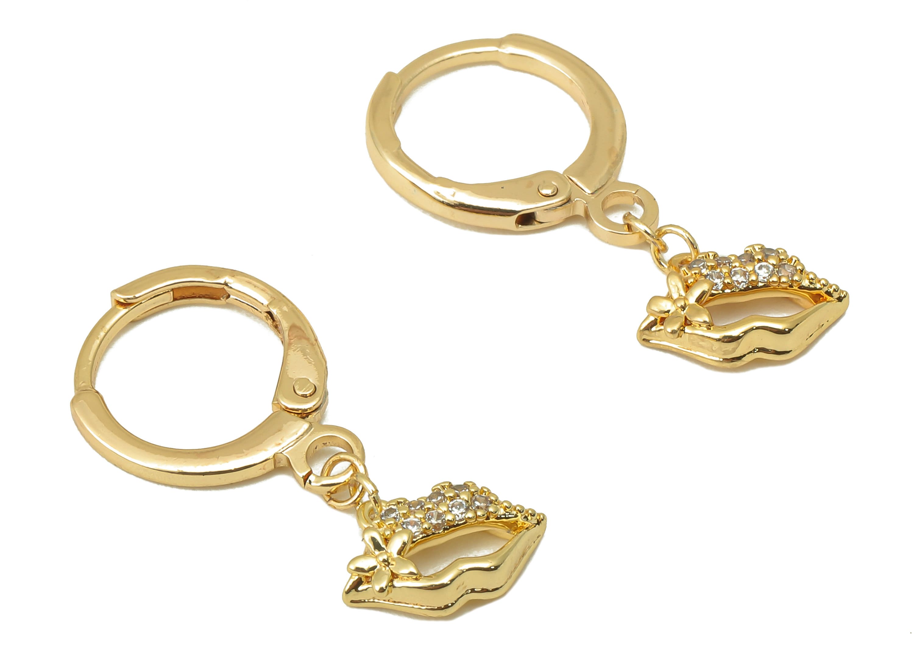 Brass Clasp Earring - CZ Lips Lever back Earring Huggie - Cubic Zirconia Mouth Flower Hoop- 18K Real Gold Plating -25x 11x 2.43mm - RGP6073 - DOMEDBAZAAR