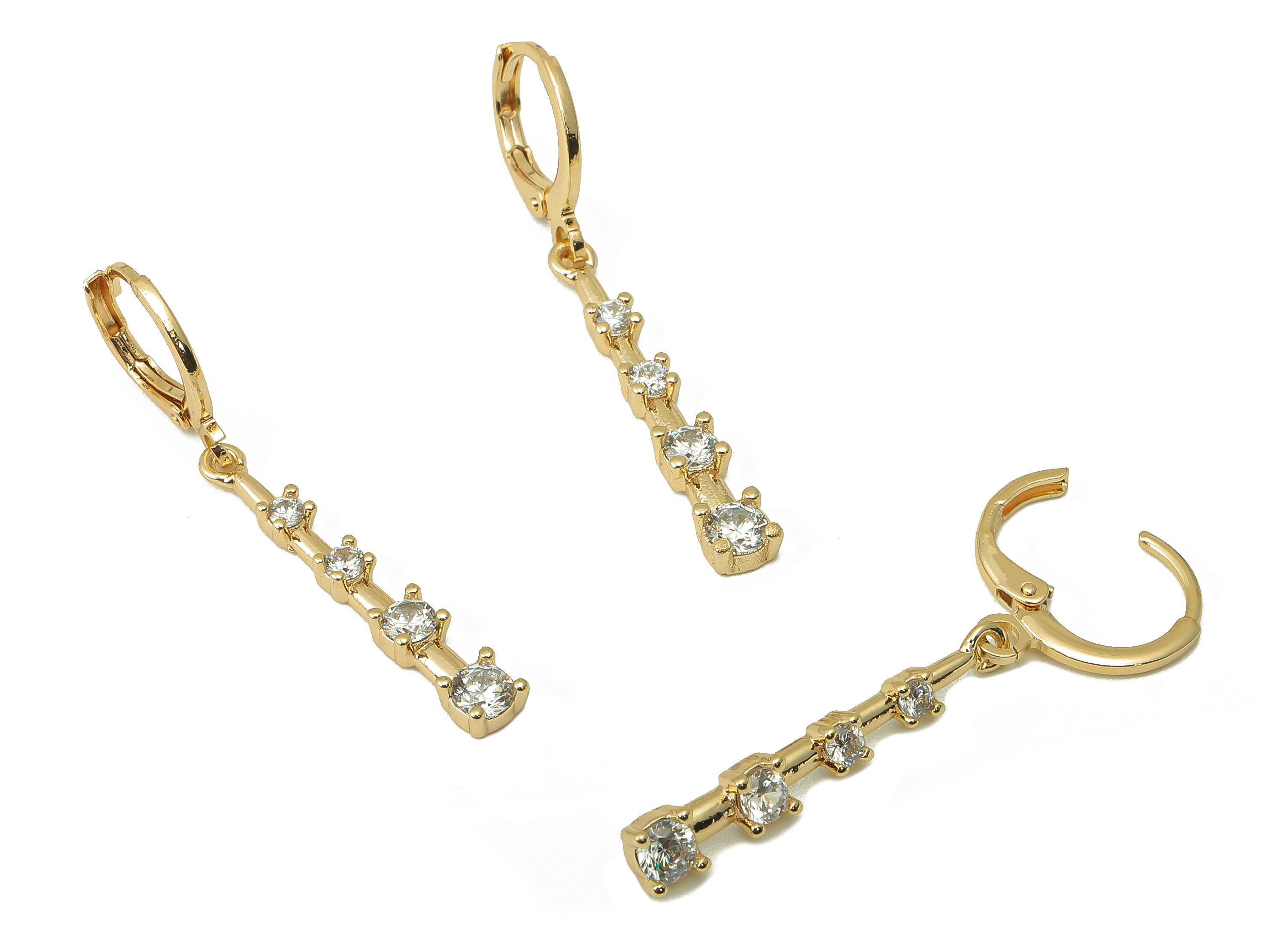Brass Clasp Earring - CZ Solitaire Lever back Earring Huggie - Cubic Zirconia Rectangle Bar Hoop- 18K Real Gold Plating -41x11x3mm - RGP6074 - DOMEDBAZAAR