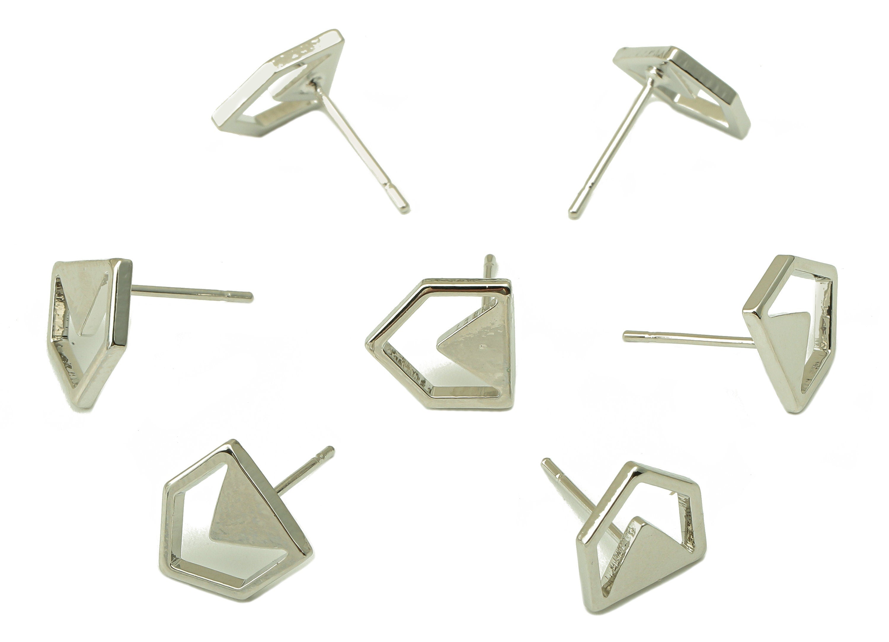 Silver Pentagon Stud Earring - Mini House Earring Post - Hollow Triangle Earring - 18K Real White Gold Plated - 10x9.2x1.3mm- RGP5920S - DOMEDBAZAAR