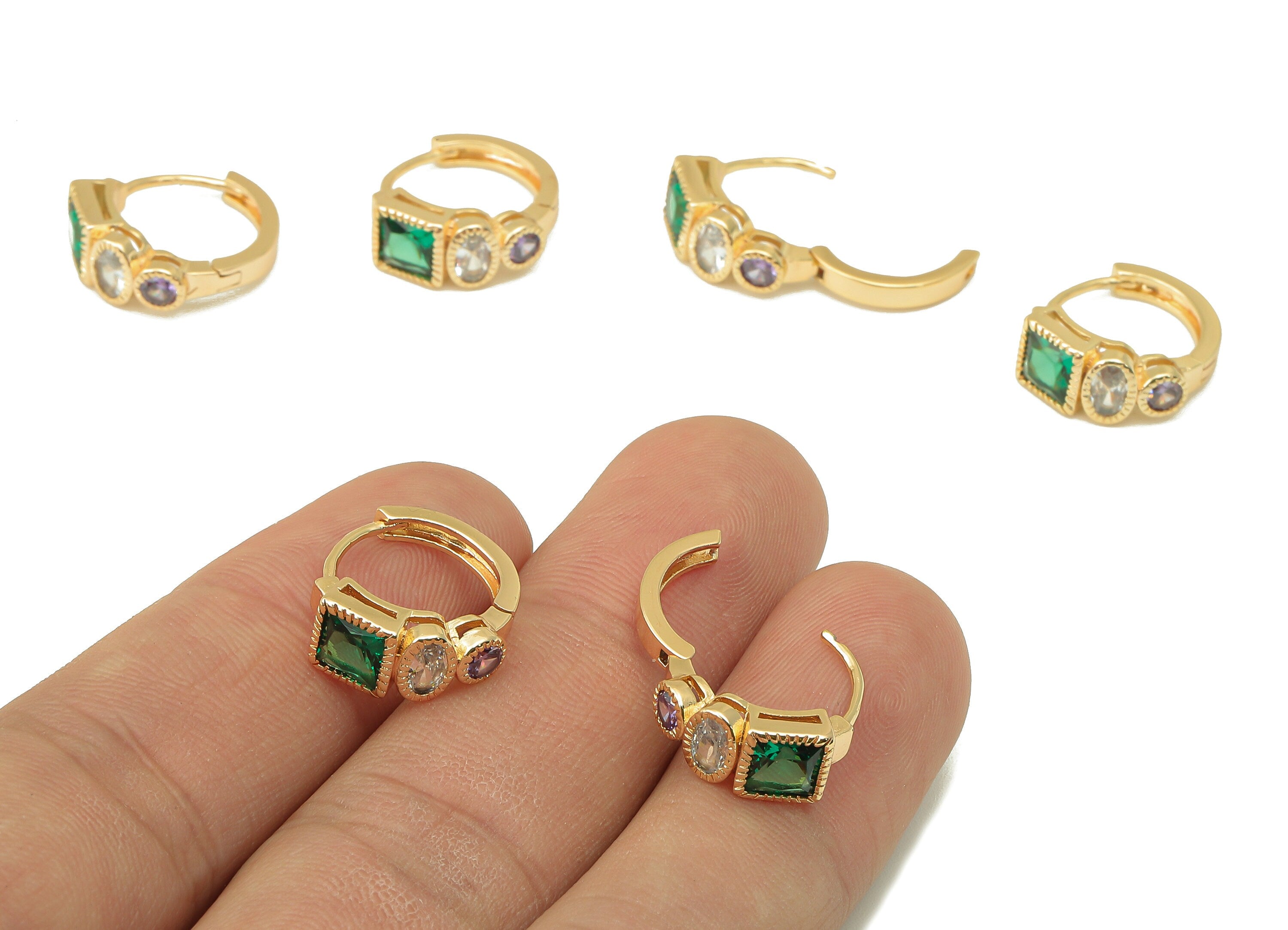 Brass Green Princess Clasp Hoop Earring -CZ Clasp Hoop Earring - Zirconia Clasp Hoop- 18K Real Gold Plating -16.41x 14.2x 3.51mm - RGP6092 - DOMEDBAZAAR