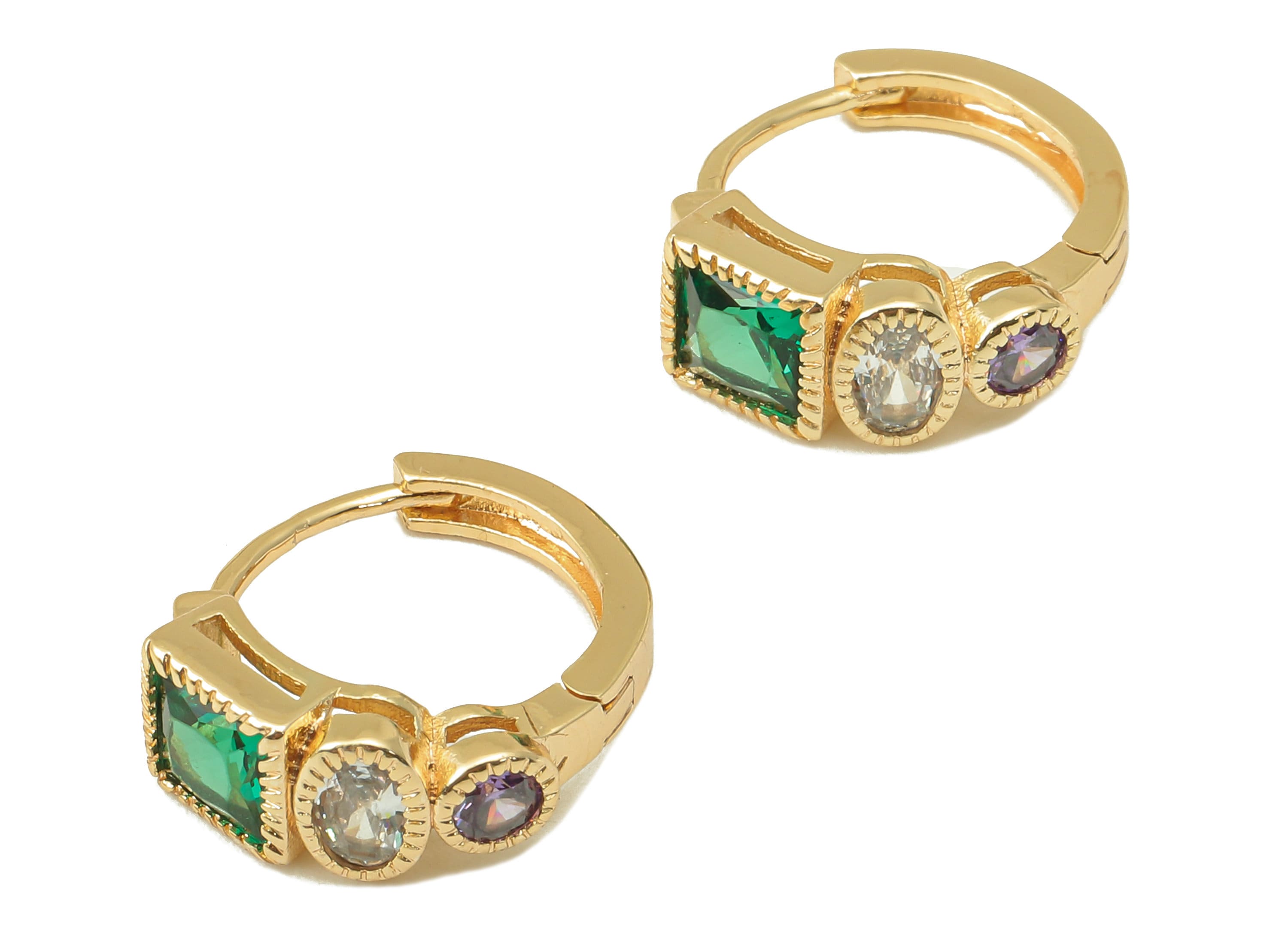 Brass Green Princess Clasp Hoop Earring -CZ Clasp Hoop Earring - Zirconia Clasp Hoop- 18K Real Gold Plating -16.41x 14.2x 3.51mm - RGP6092 - DOMEDBAZAAR