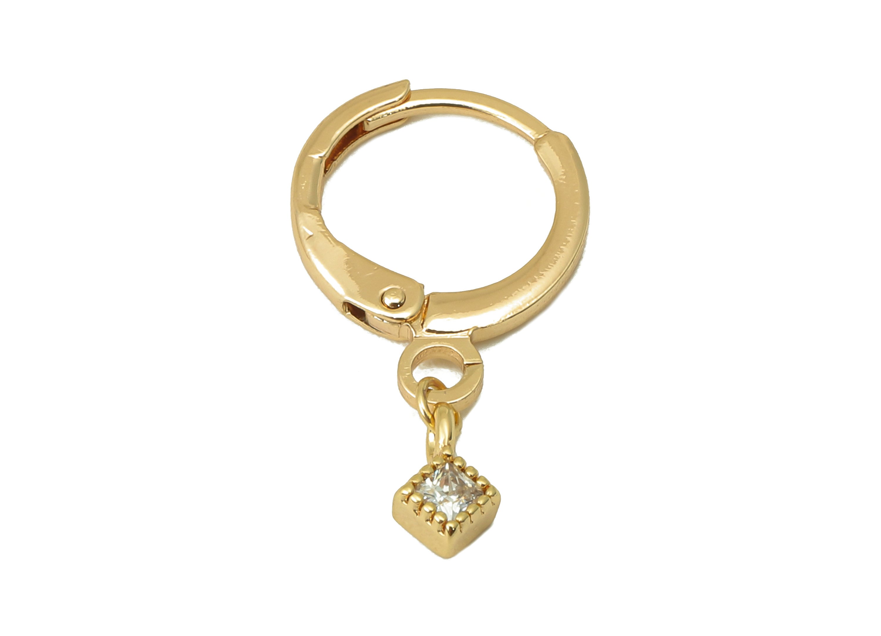 Brass Clasp Earring - Brass CZ Cube Lever back Earring Huggie - Cubic Zirconia Mini Cube Hoop- 18K Real Gold Plating -21x11x1.76mm - RGP6094 - DOMEDBAZAAR
