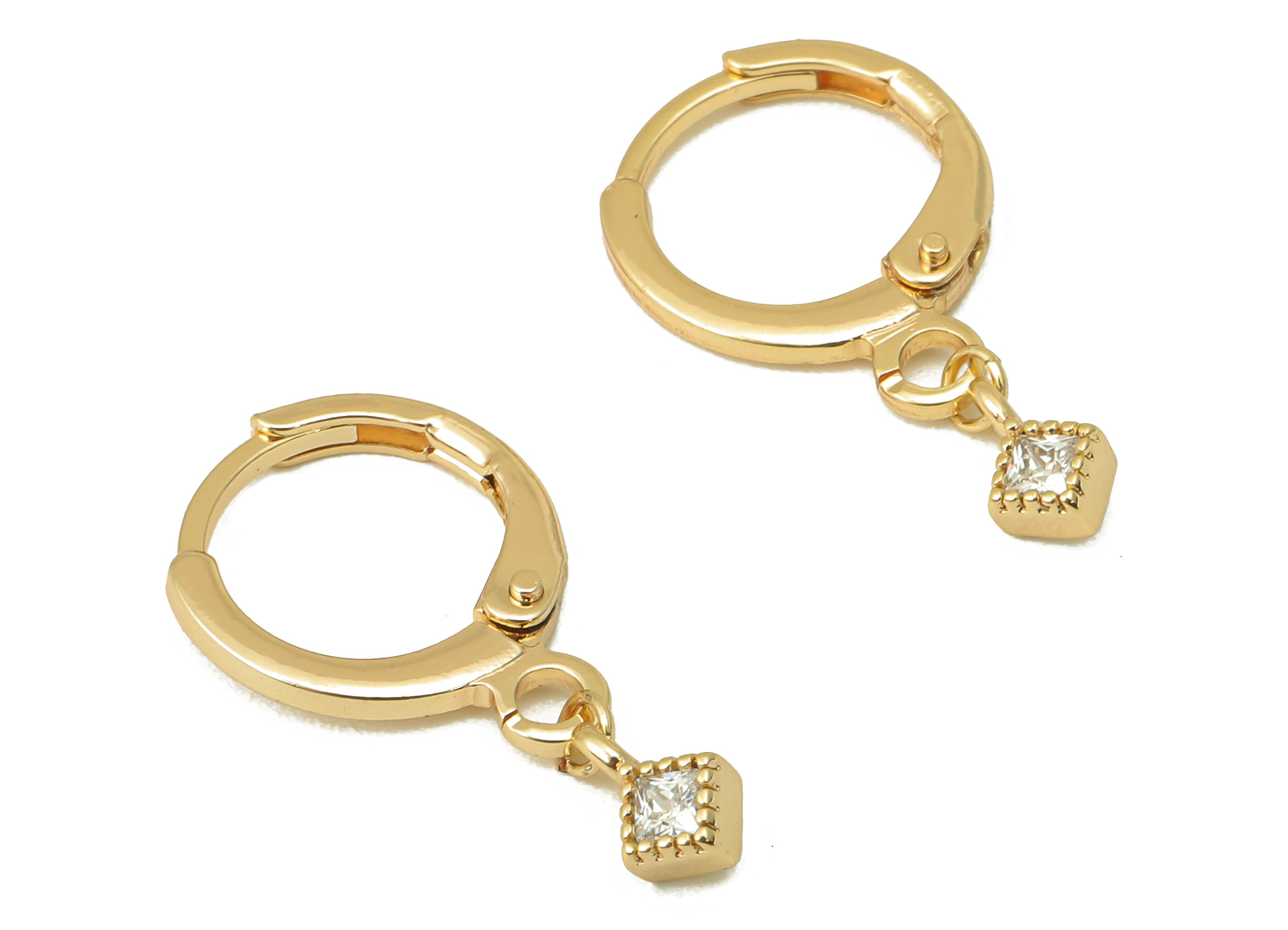 Brass Clasp Earring - Brass CZ Cube Lever back Earring Huggie - Cubic Zirconia Mini Cube Hoop- 18K Real Gold Plating -21x11x1.76mm - RGP6094 - DOMEDBAZAAR