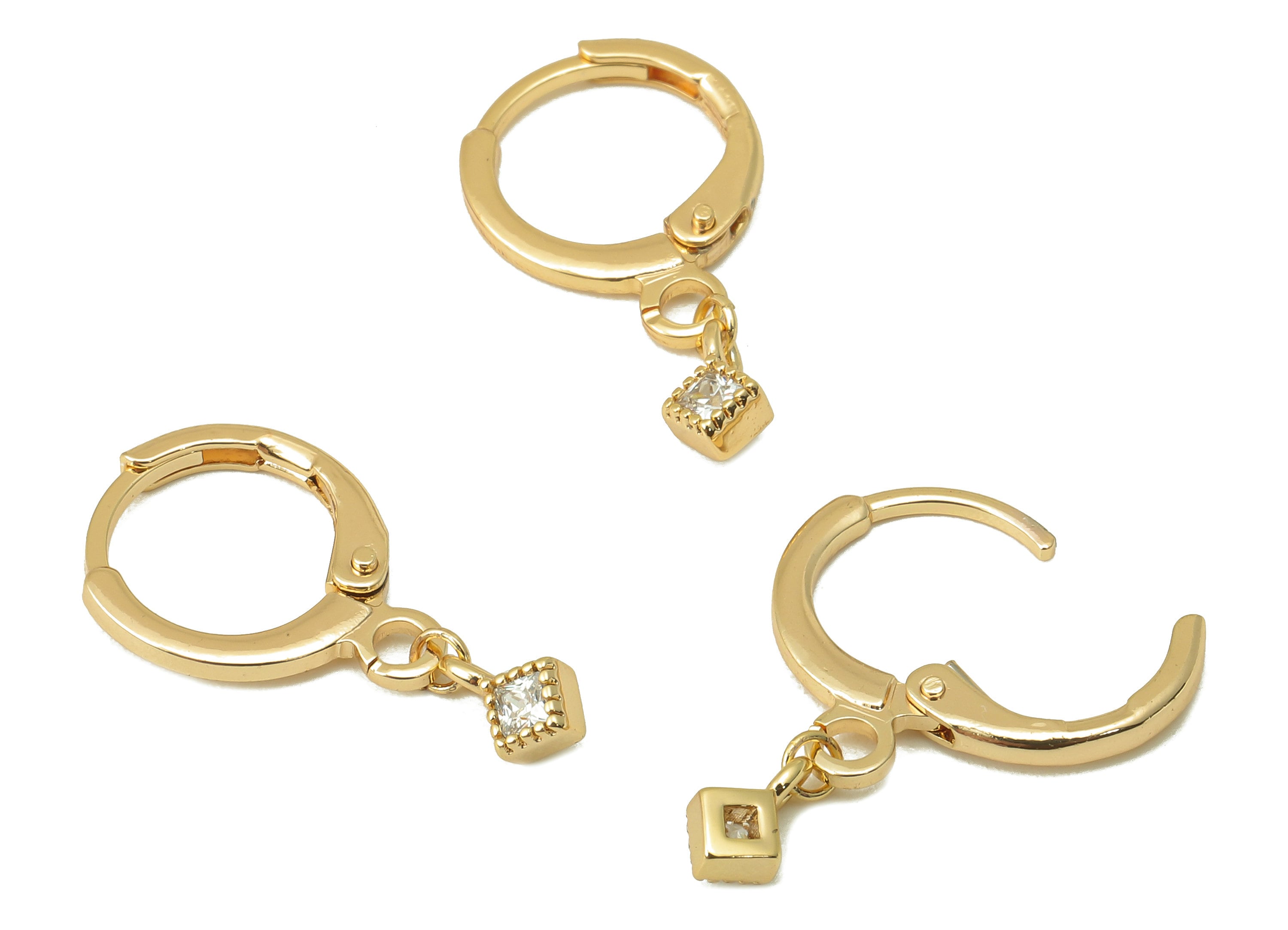 Brass Clasp Earring - Brass CZ Cube Lever back Earring Huggie - Cubic Zirconia Mini Cube Hoop- 18K Real Gold Plating -21x11x1.76mm - RGP6094 - DOMEDBAZAAR