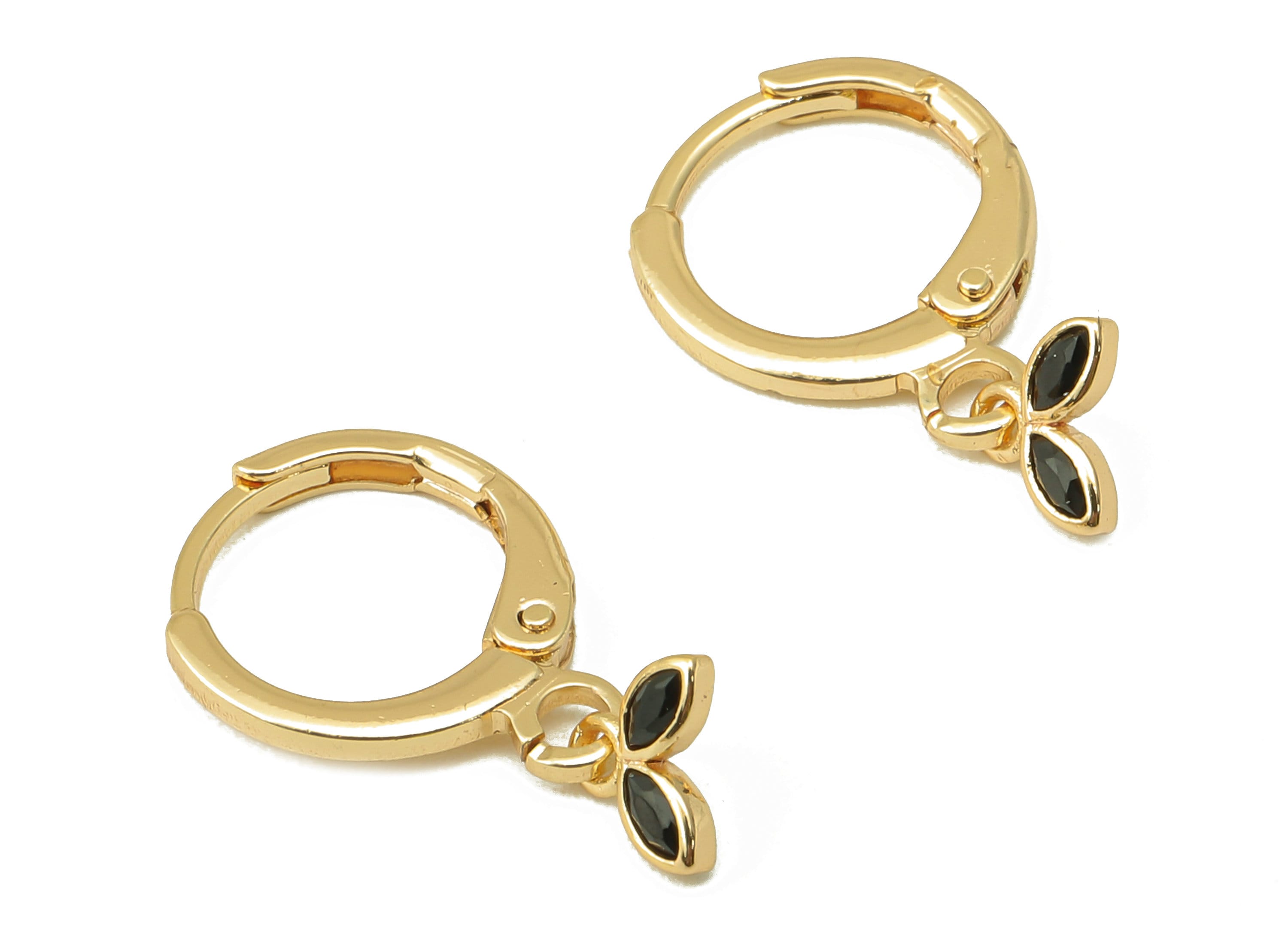 Brass Clasp Earring - Brass CZ Leaf Lever back Earring Huggie - Cubic Zirconia Mini Leaf Hoop- 18K Real Gold Plating -19x 11x 1mm - RGP6095 - DOMEDBAZAAR