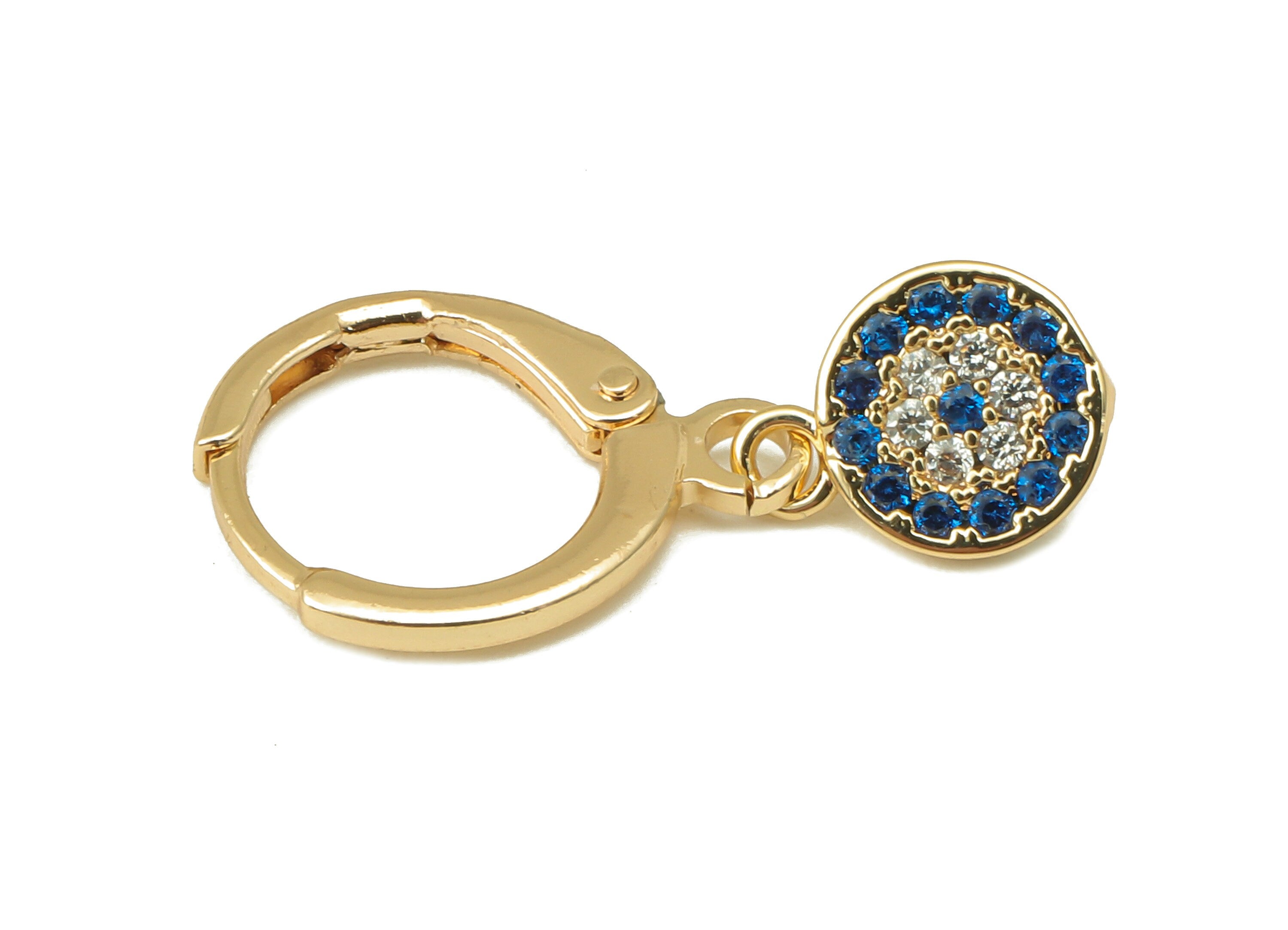 Brass Clasp Earring - Brass CZ Blue Round Lever back Earring Huggie - Cubic Zirconia Circle Hoop-18K Real Gold Plating-25x11x2.6mm - RGP6097 - DOMEDBAZAAR