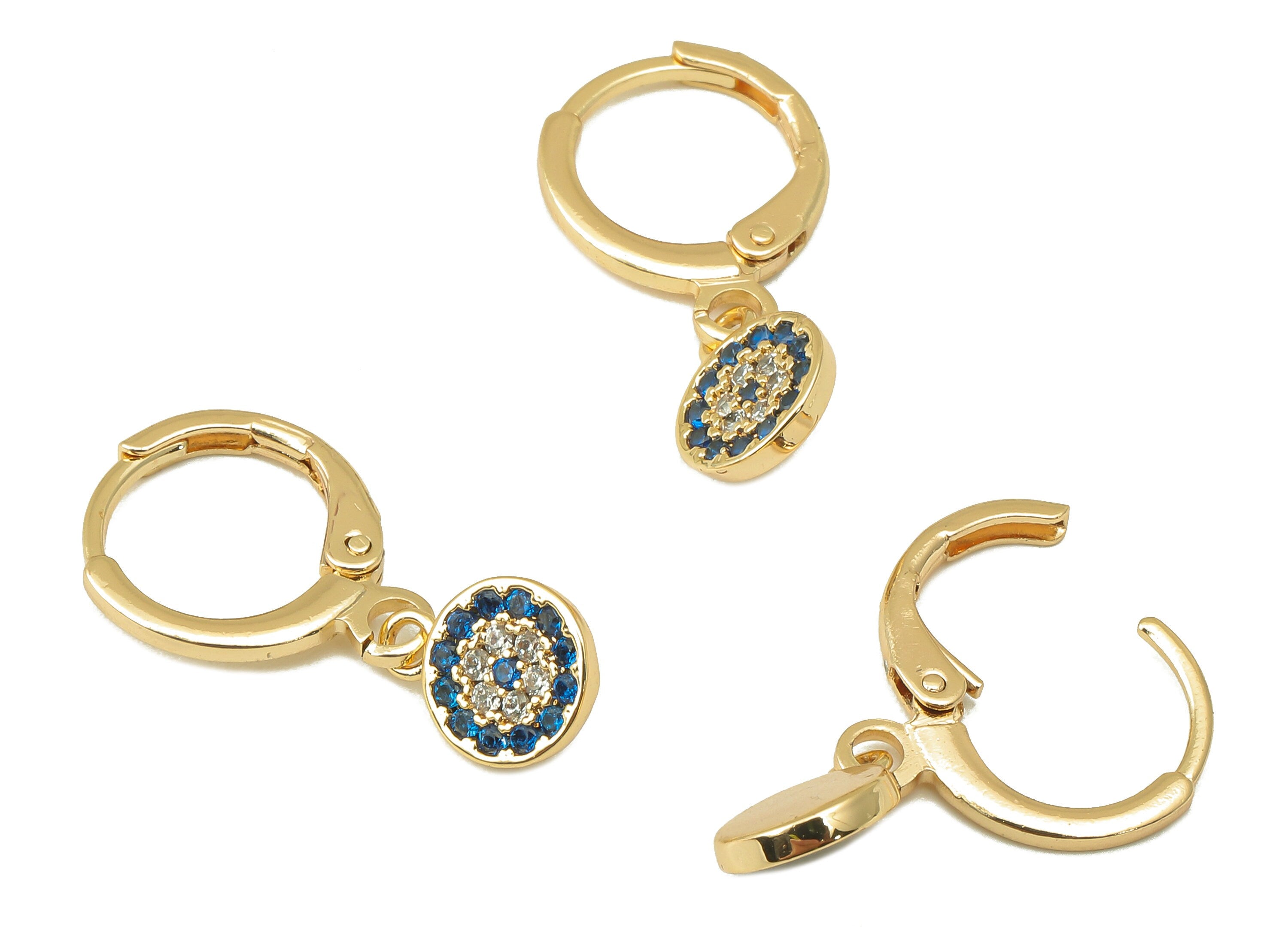Brass Clasp Earring - Brass CZ Blue Round Lever back Earring Huggie - Cubic Zirconia Circle Hoop-18K Real Gold Plating-25x11x2.6mm - RGP6097 - DOMEDBAZAAR