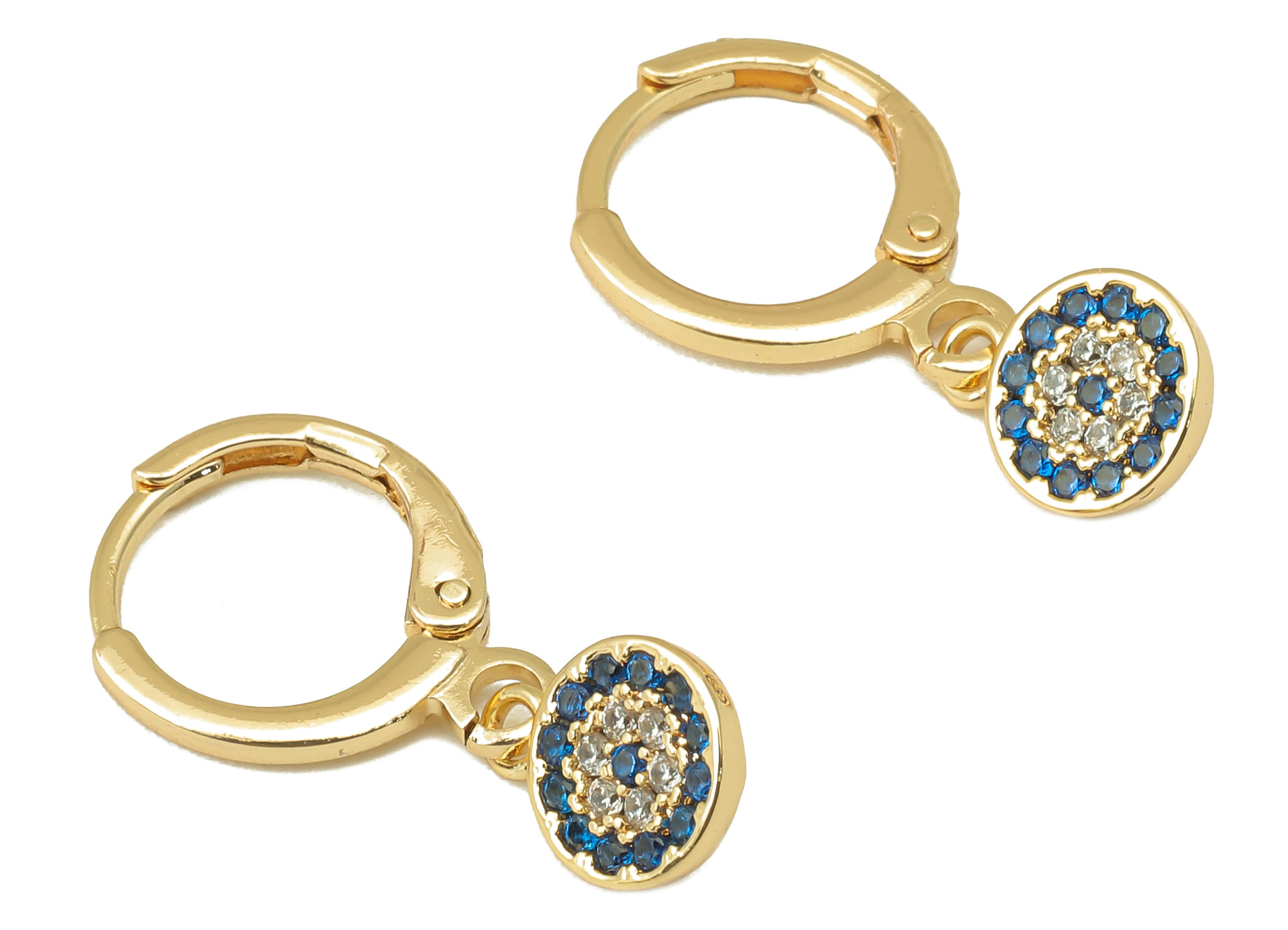 Brass Clasp Earring - Brass CZ Blue Round Lever back Earring Huggie - Cubic Zirconia Circle Hoop-18K Real Gold Plating-25x11x2.6mm - RGP6097 - DOMEDBAZAAR