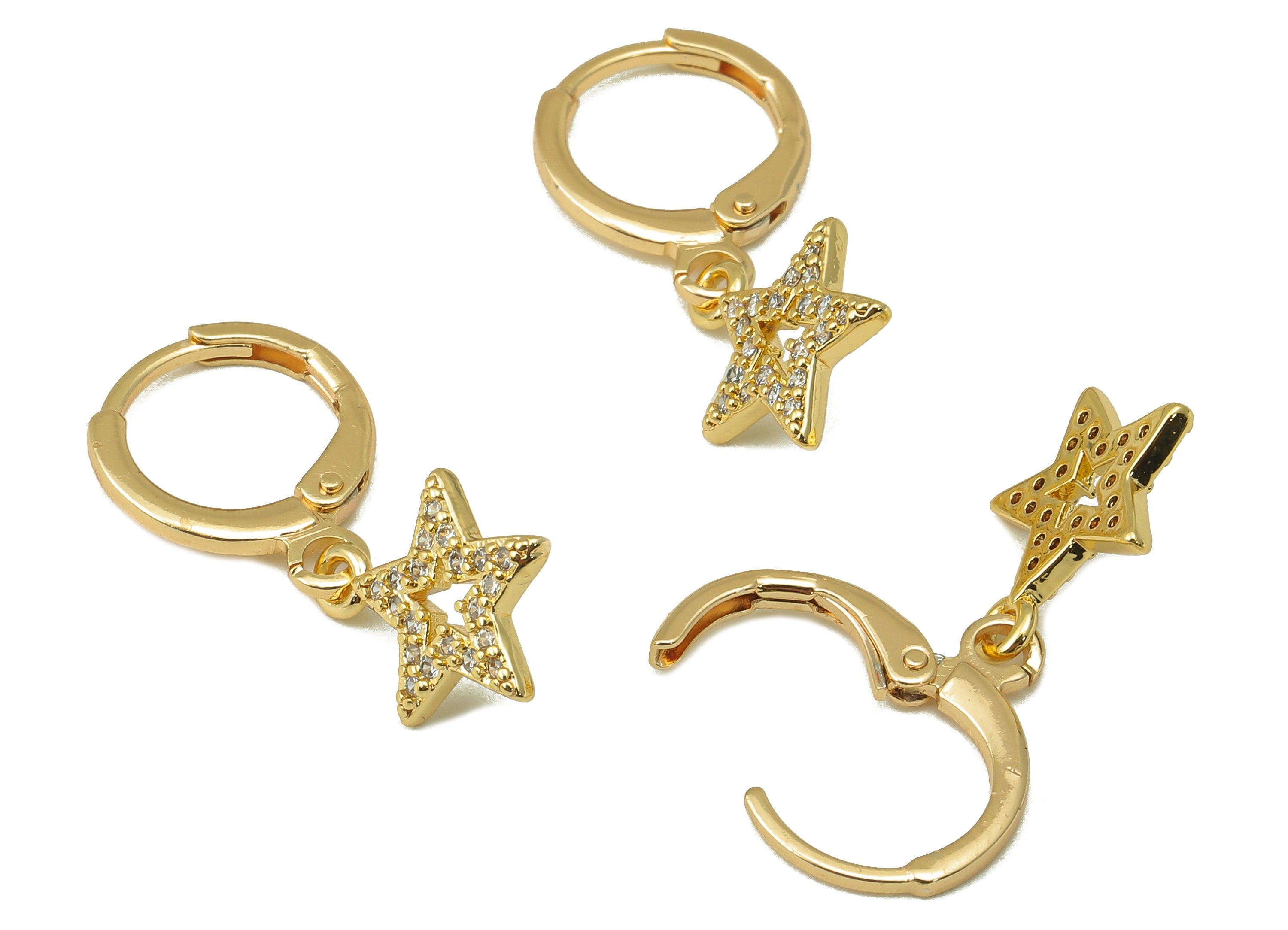 Brass Clasp Earring - Brass CZ Star Lever back Earring Huggie - Cubic Zirconia Star Hoop - 18K Real Gold Plating - 25x 11x 1.6mm - RGP6098 - DOMEDBAZAAR