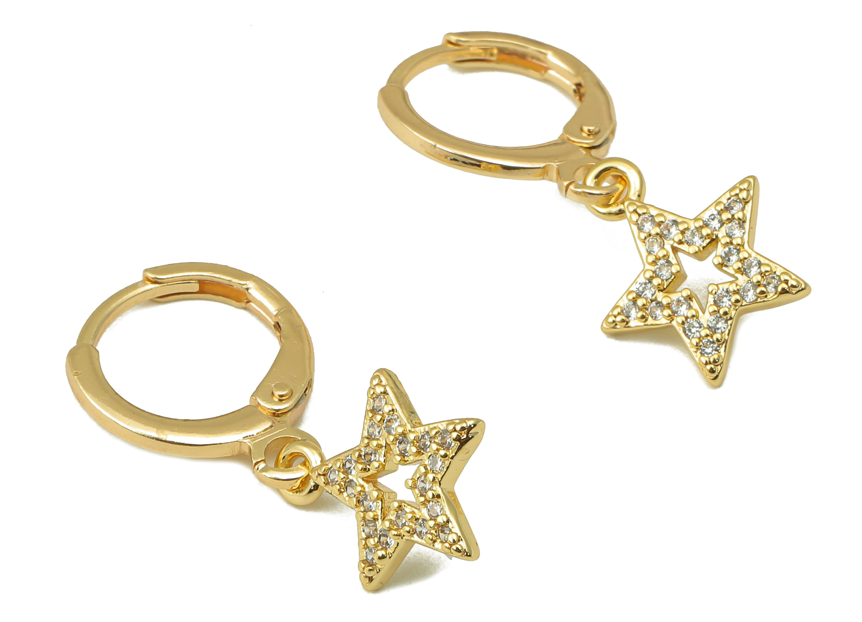 Brass Clasp Earring - Brass CZ Star Lever back Earring Huggie - Cubic Zirconia Star Hoop - 18K Real Gold Plating - 25x 11x 1.6mm - RGP6098 - DOMEDBAZAAR