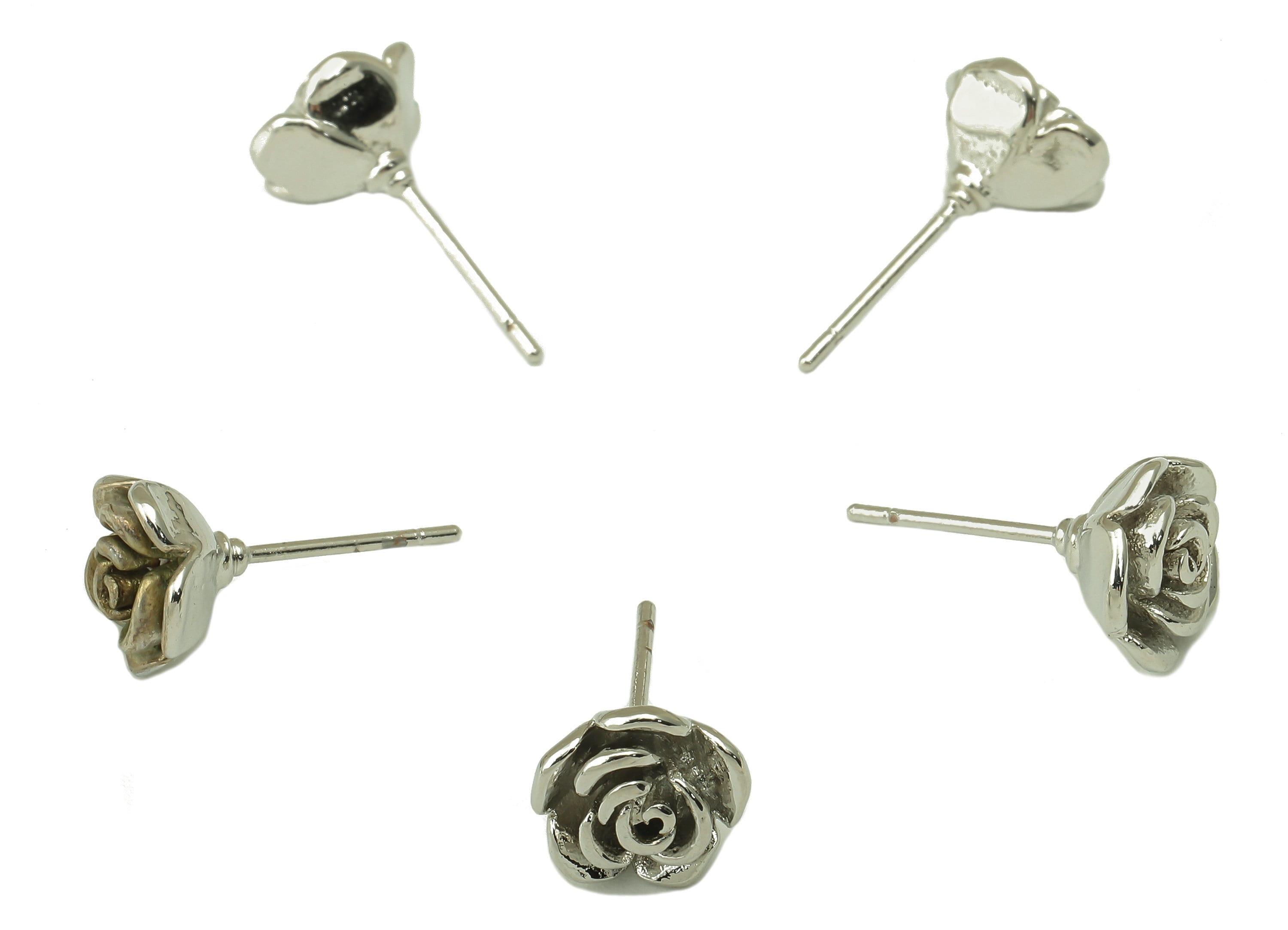 Silver Rose Stud - Petals Earring Post - Flower Stud Earring - Botanical Earrings- 18K Real White Gold Plated - 9.3x9x0.8mm RGP5922S - DOMEDBAZAAR