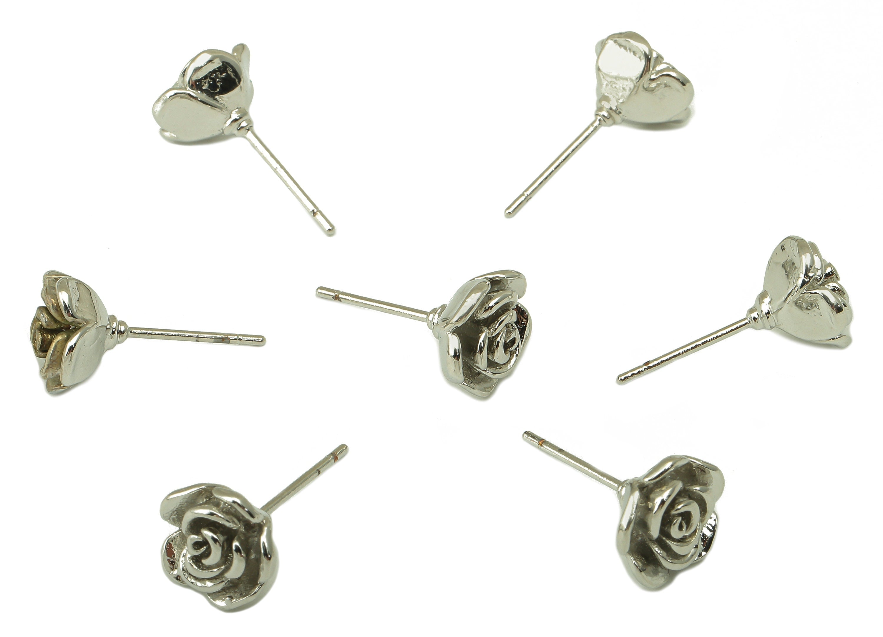 Silver Rose Stud - Petals Earring Post - Flower Stud Earring - Botanical Earrings- 18K Real White Gold Plated - 9.3x9x0.8mm RGP5922S - DOMEDBAZAAR