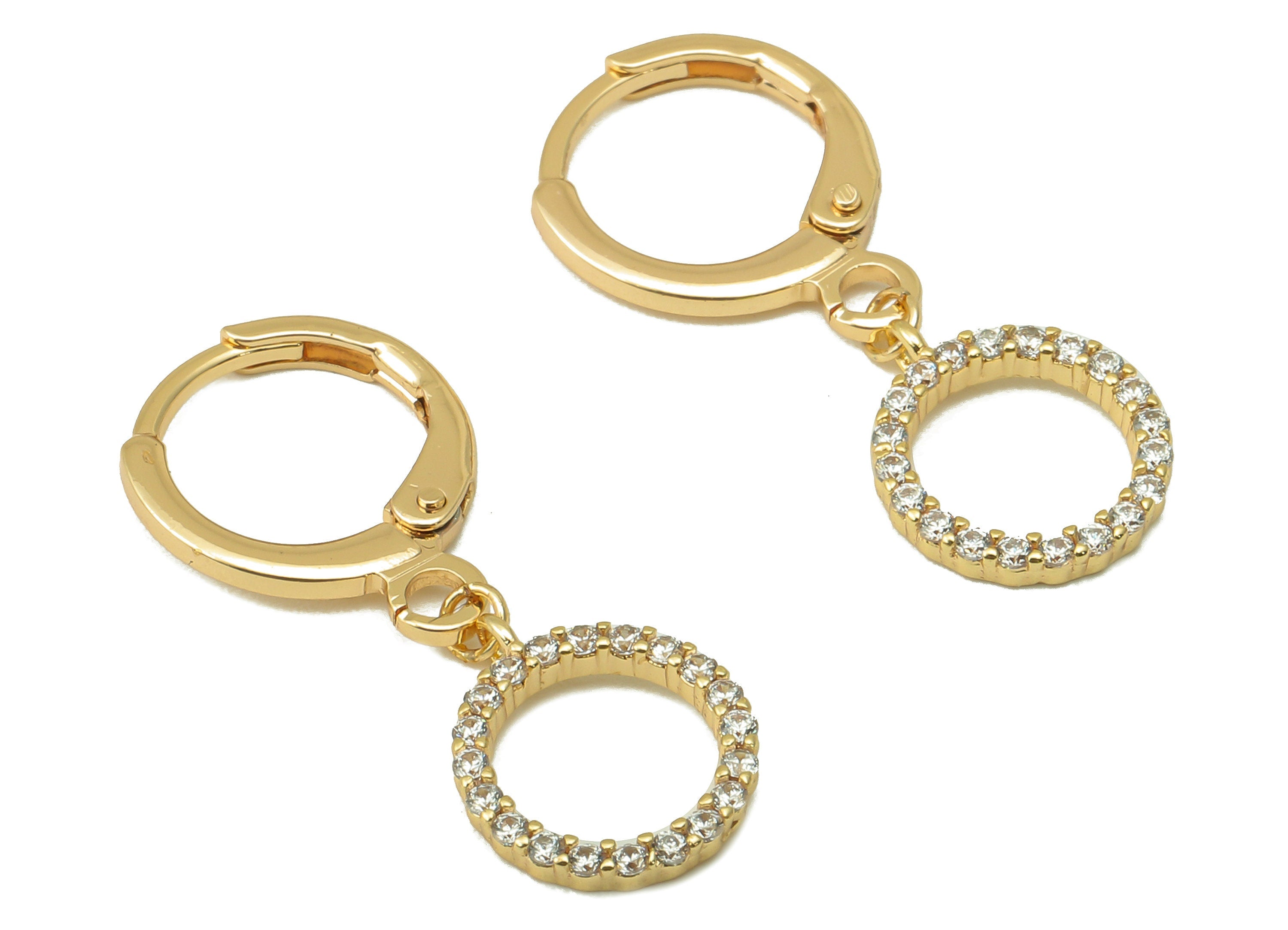 Brass Clasp Earring - Brass CZ Round Lever back Earring Huggie - Cubic Zirconia Circle Hoop - 18K Real Gold Plating - 26x 11x1.6mm - RGP6099 - DOMEDBAZAAR