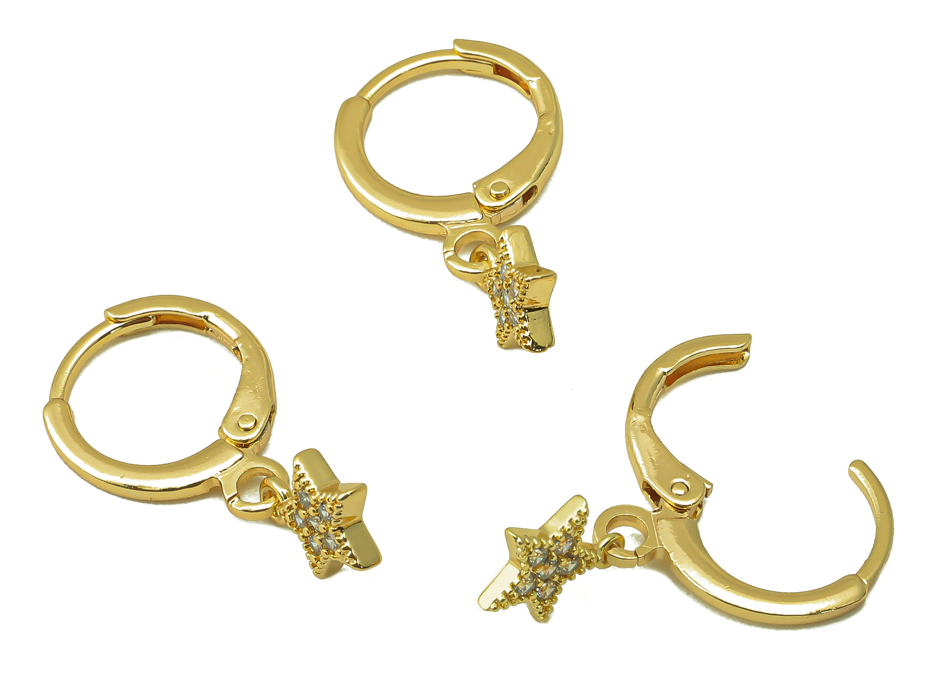 Brass Clasp Earring - Brass CZ Star Lever back Earring Huggie - Cubic Zirconia Star Hoop - 18K Real Gold Plating -22.6x11.2x1.34mm - RGP6102 - DOMEDBAZAAR