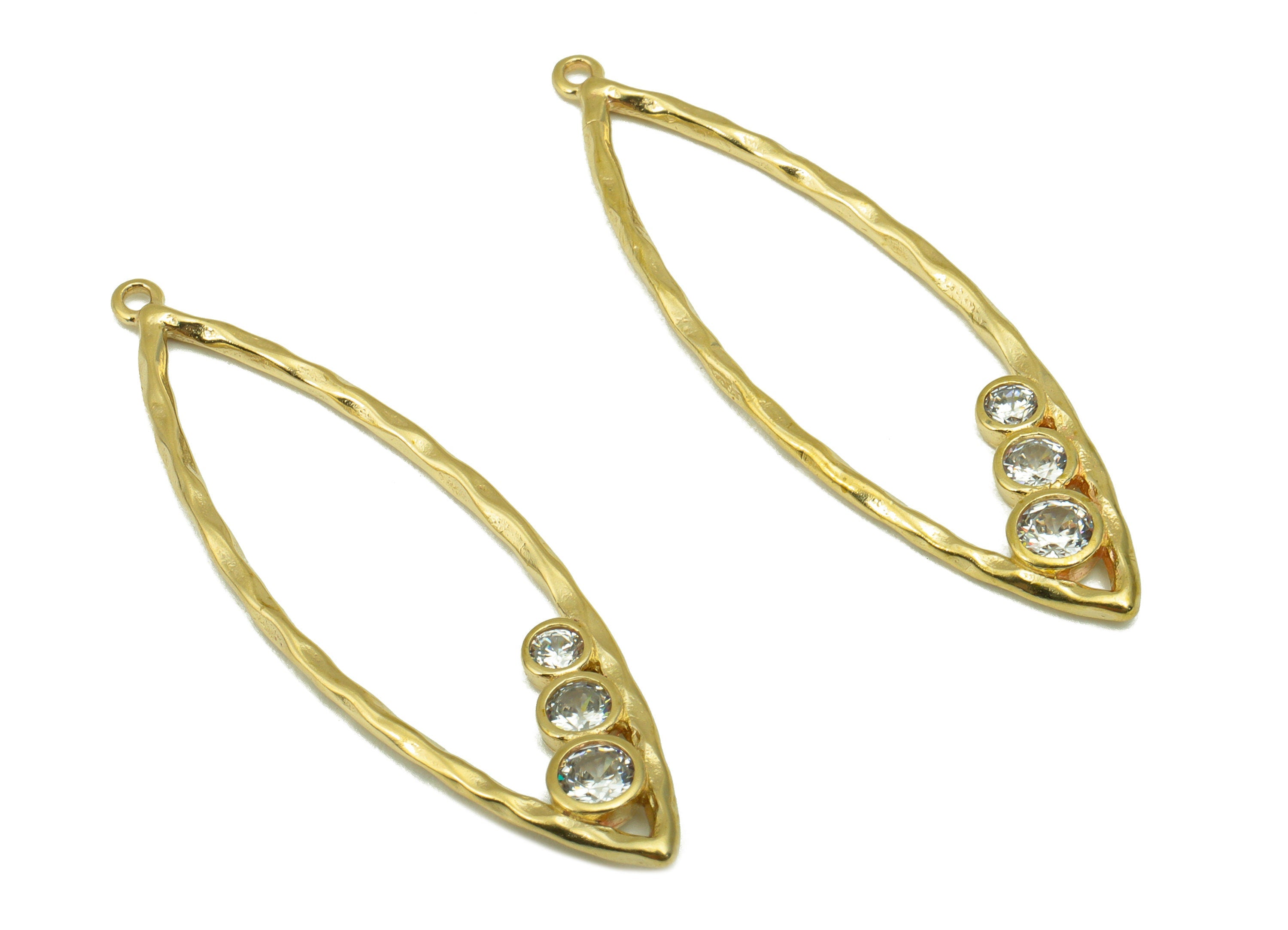 Brass Marquise Earring Charm-Raw Brass Hammered Pendant-Cubic Zircon- Earring Making-JewelrySupplies -41 x11 x1.72mm-PP8439 - DOMEDBAZAAR