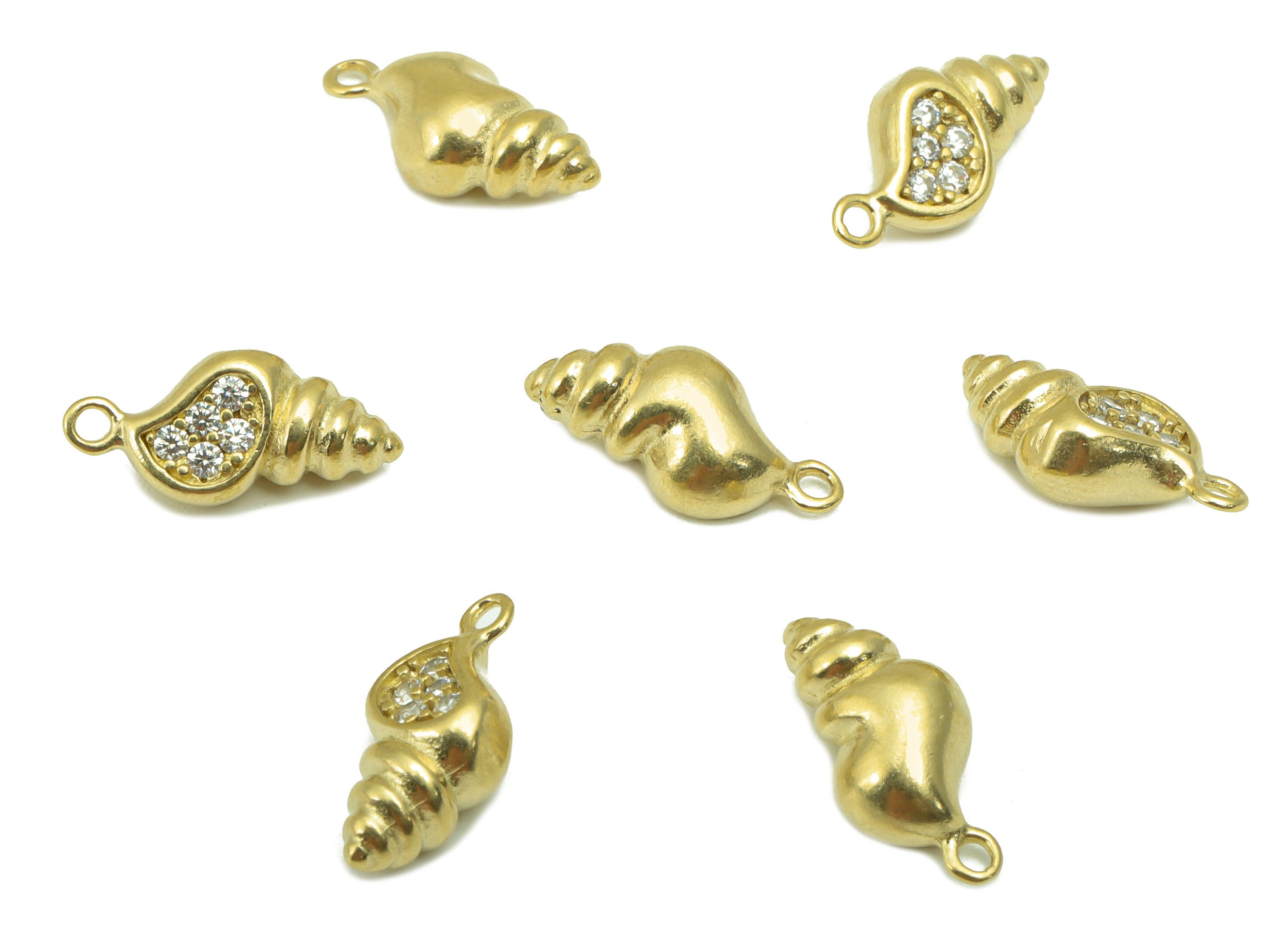 Brass Conch  Earring Charm - Raw Brass Seashell Pendant -Cubic Zircon- Whelk Seashell Charm- Jewelry Supplies-13 x6 x4.55mm-PP8410 - DOMEDBAZAAR