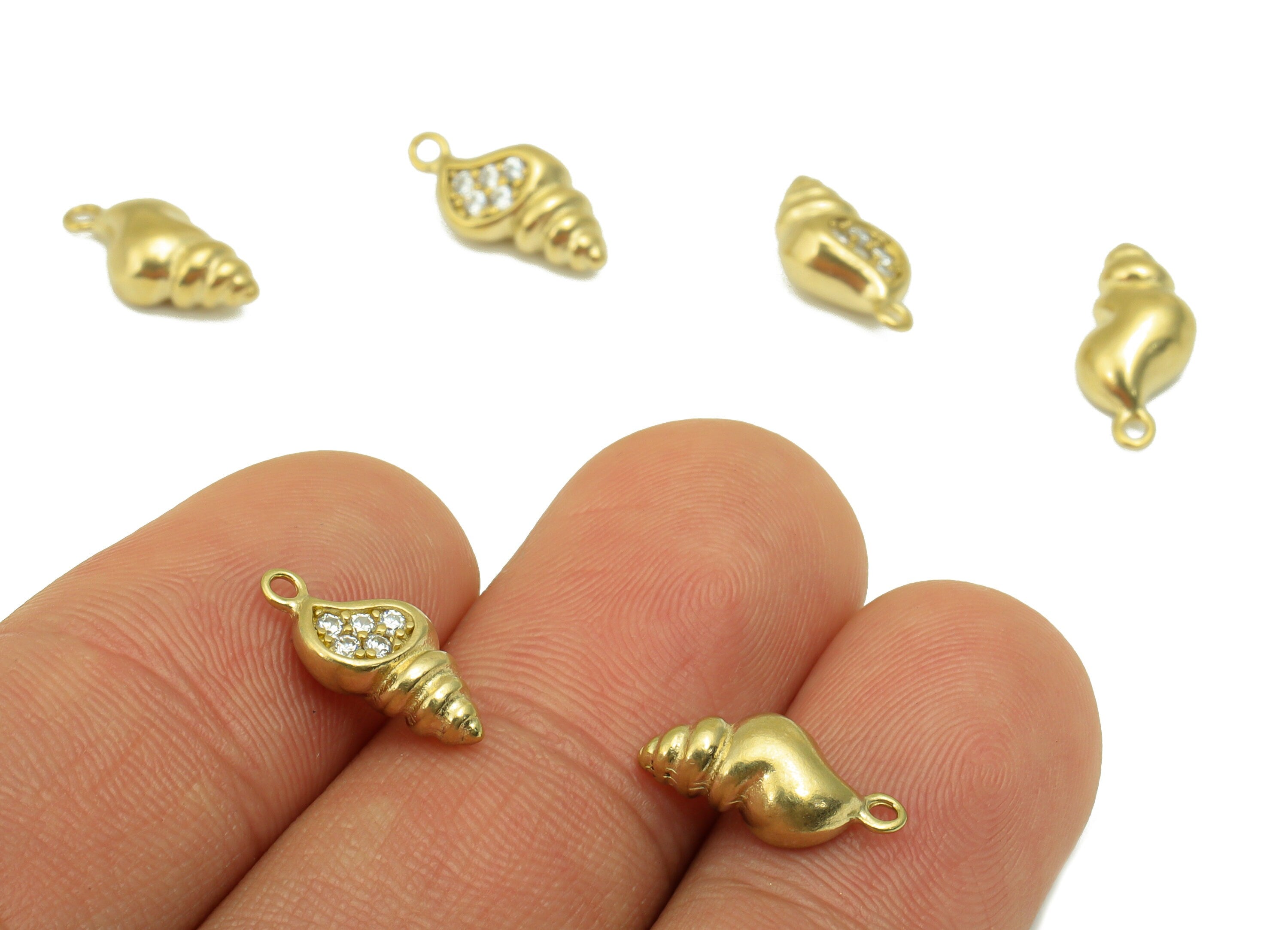 Brass Conch  Earring Charm - Raw Brass Seashell Pendant -Cubic Zircon- Whelk Seashell Charm- Jewelry Supplies-13 x6 x4.55mm-PP8410 - DOMEDBAZAAR