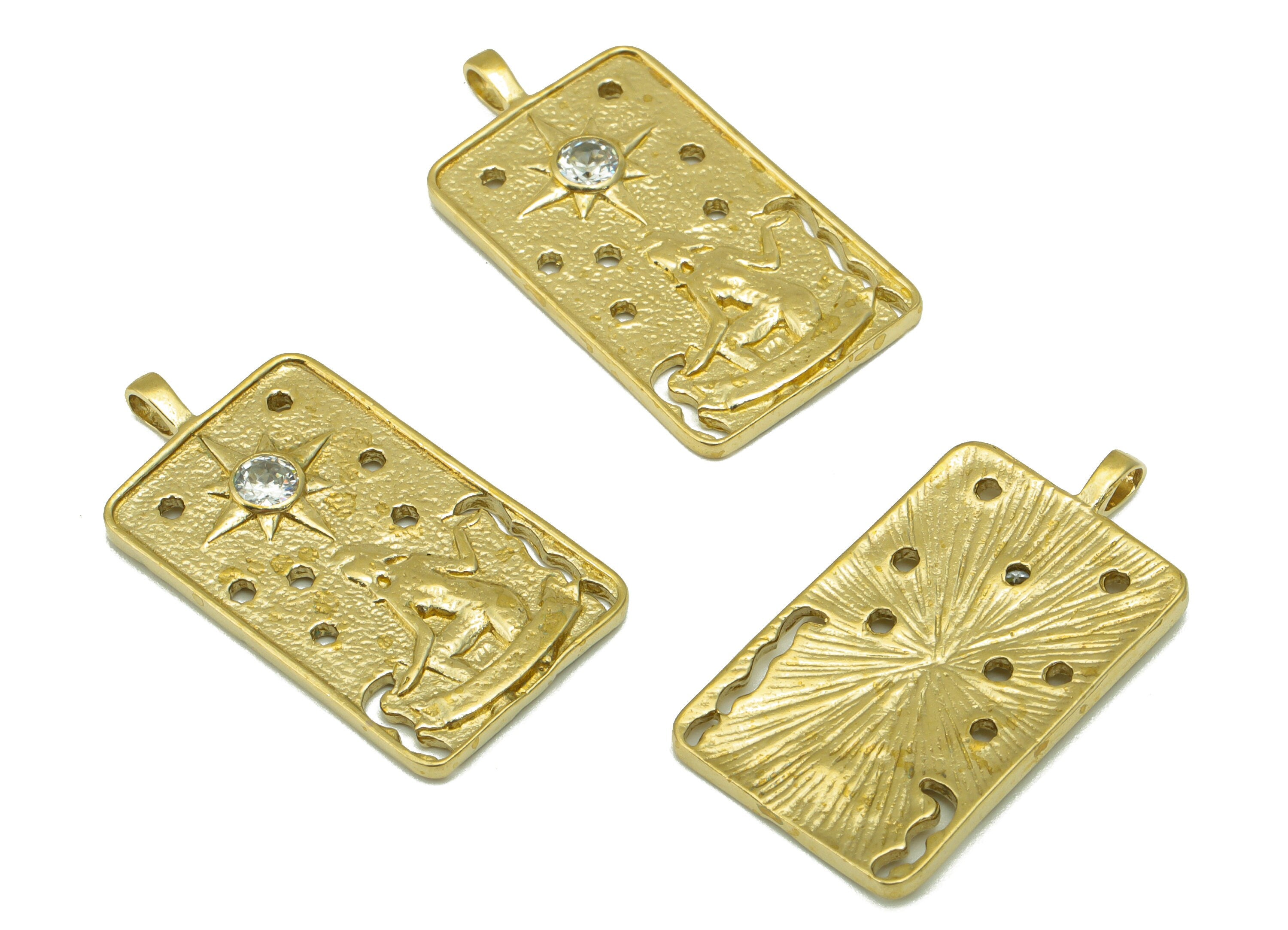 Brass Rectangle Earring Charm - Raw Brass Textured Woman Pendant-Cubic Zircon -Star Charm -For Necklace -30 x16 x2.44mm-PP8399 - DOMEDBAZAAR