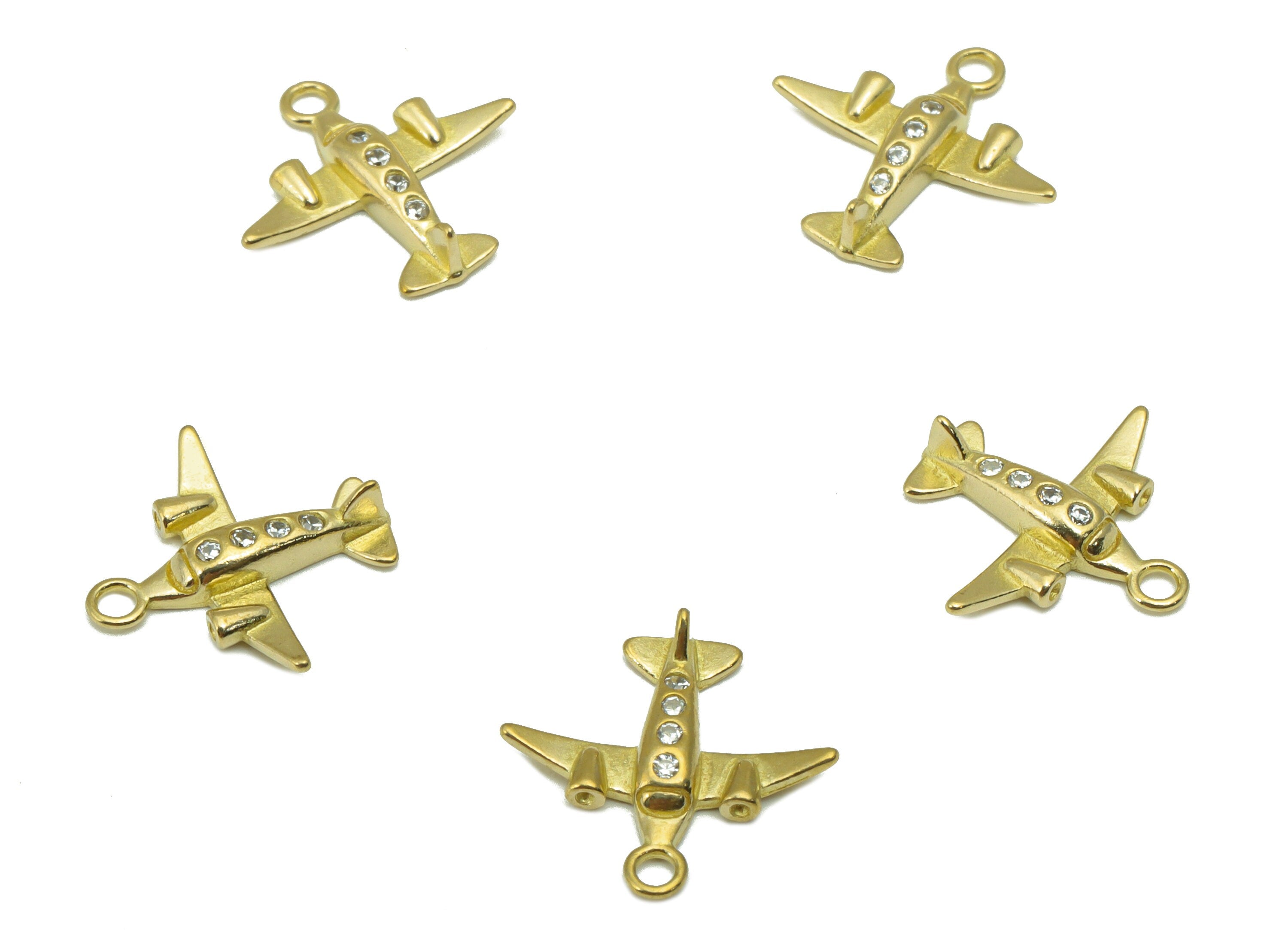 Brass Aircraft Earring Charm -Raw  Brass Aircraft Pendant - Cubic Zirconia Plane Charm -For Necklace-12 x14 x 2.24mm-PP8411 - DOMEDBAZAAR