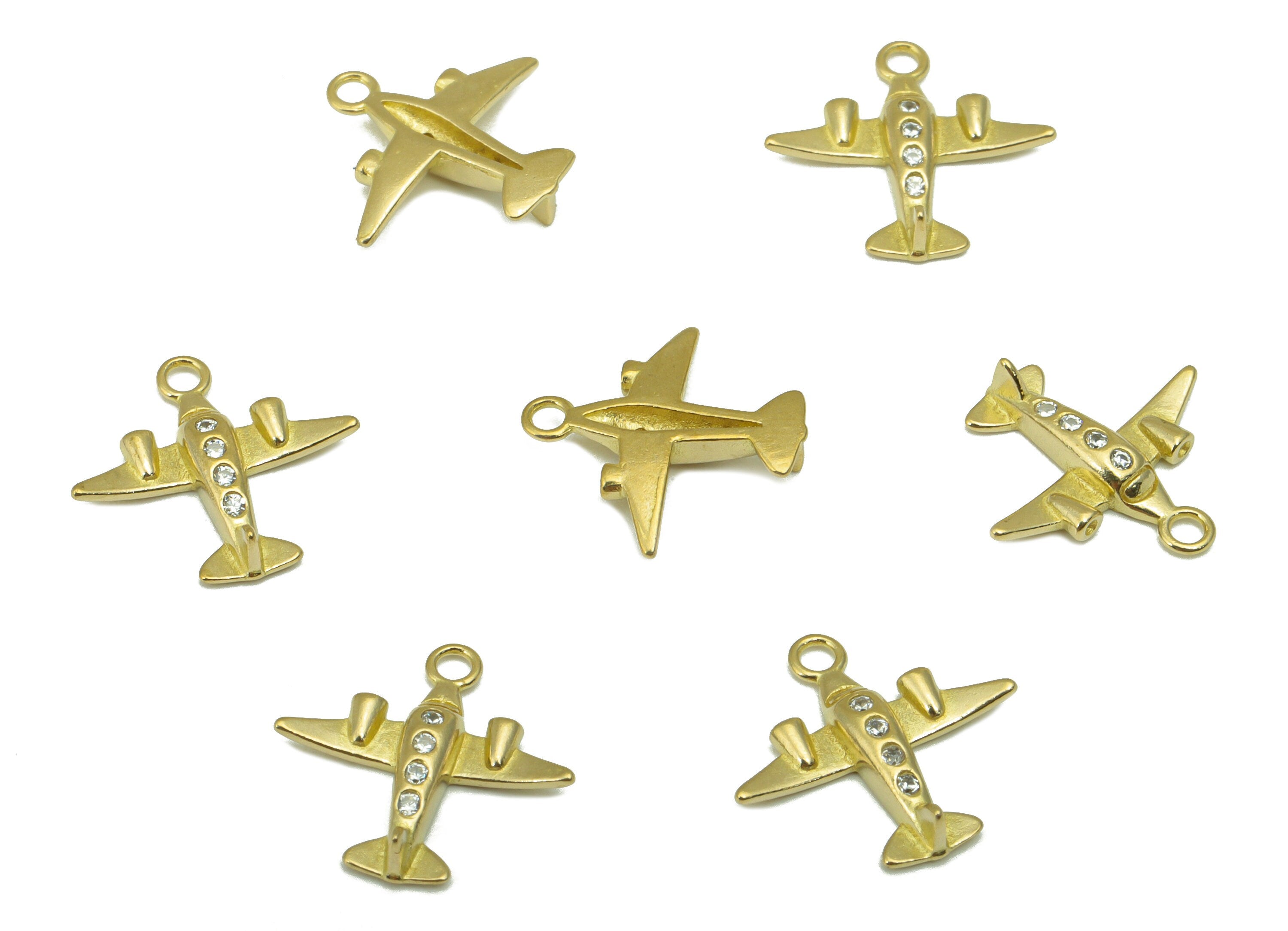 Brass Aircraft Earring Charm -Raw  Brass Aircraft Pendant - Cubic Zirconia Plane Charm -For Necklace-12 x14 x 2.24mm-PP8411 - DOMEDBAZAAR