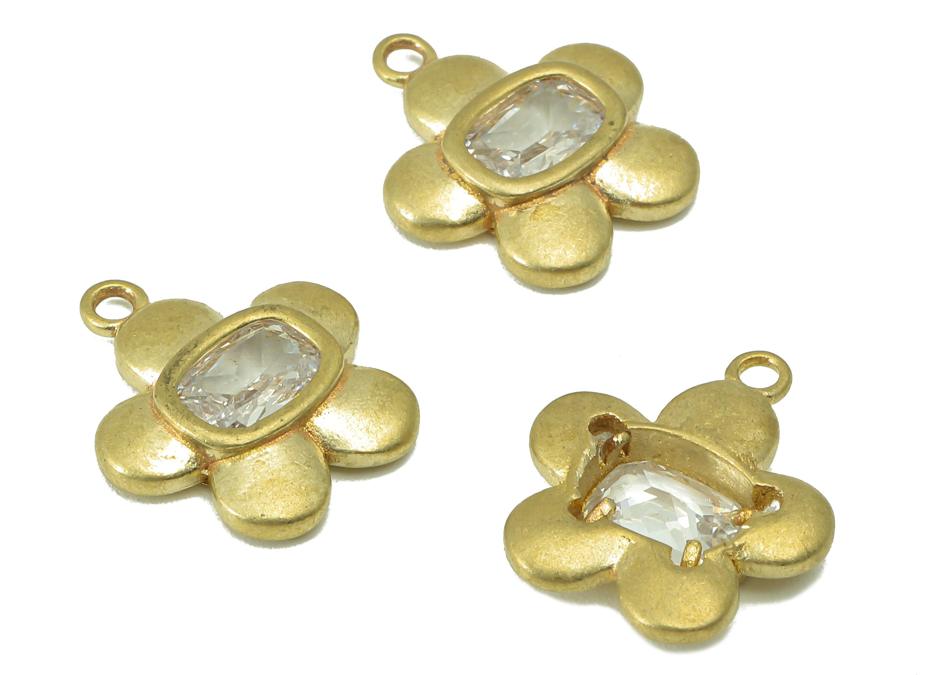 Brass Flower Earring Charms - Raw Brass  Petal Shaped Pendant-Cubic Zircon-Botanical Charm-For Jewelry Making-16x 14x 3.06mm-PP8260 - DOMEDBAZAAR