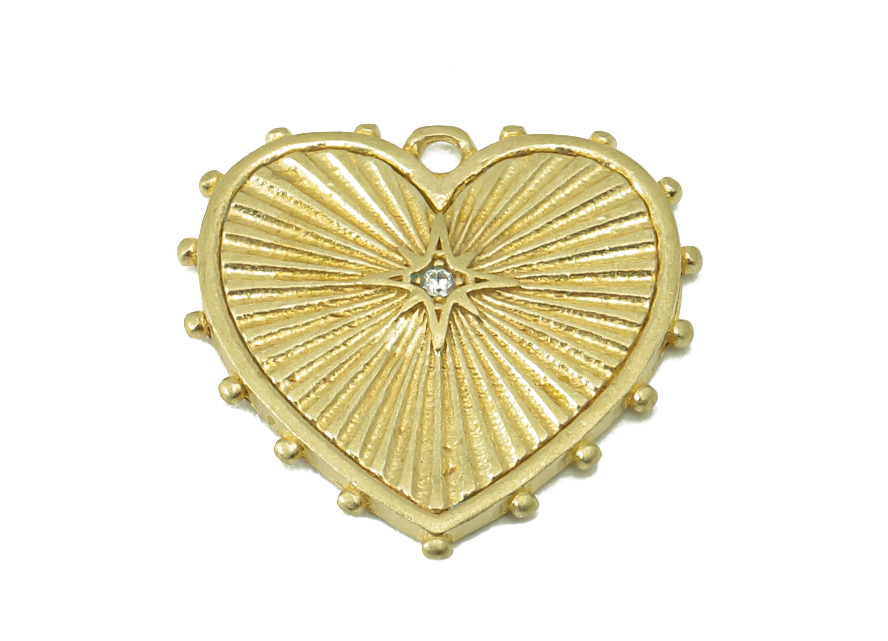 Brass Heart Earring Charms - Raw Brass Textured Pendant-Cubic Zircon-For Necklace-DIY Jewelry Making Supplies -16 x 17 x 1.42mm-PP8276 - DOMEDBAZAAR