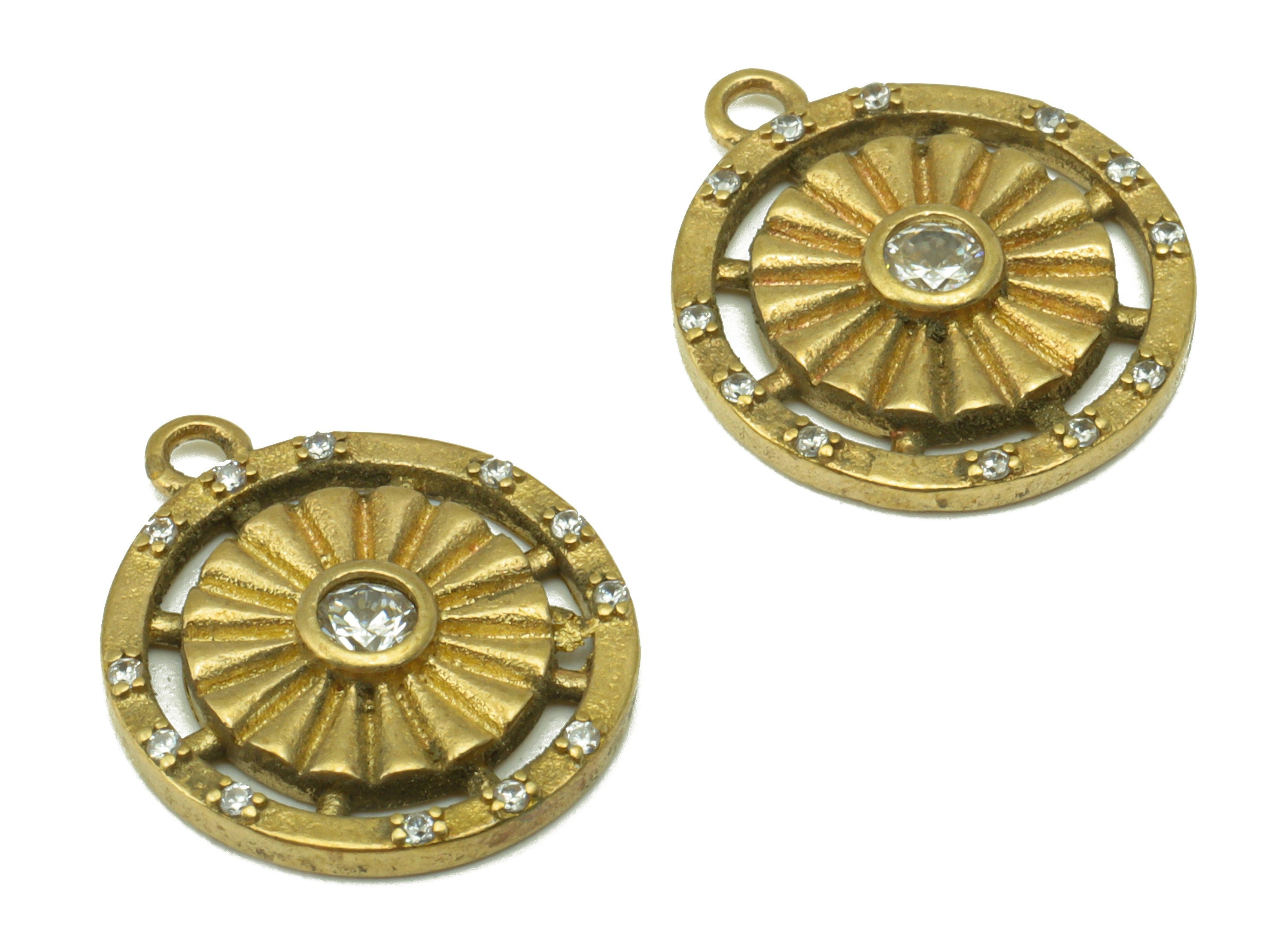 Brass Round Charm - Brass Cubic Zirconia Charm - Lace Dot Earring Charm - For Necklace - CZ Charm -17.37 x 14.88 x 2.63mm- PP8499 - DOMEDBAZAAR
