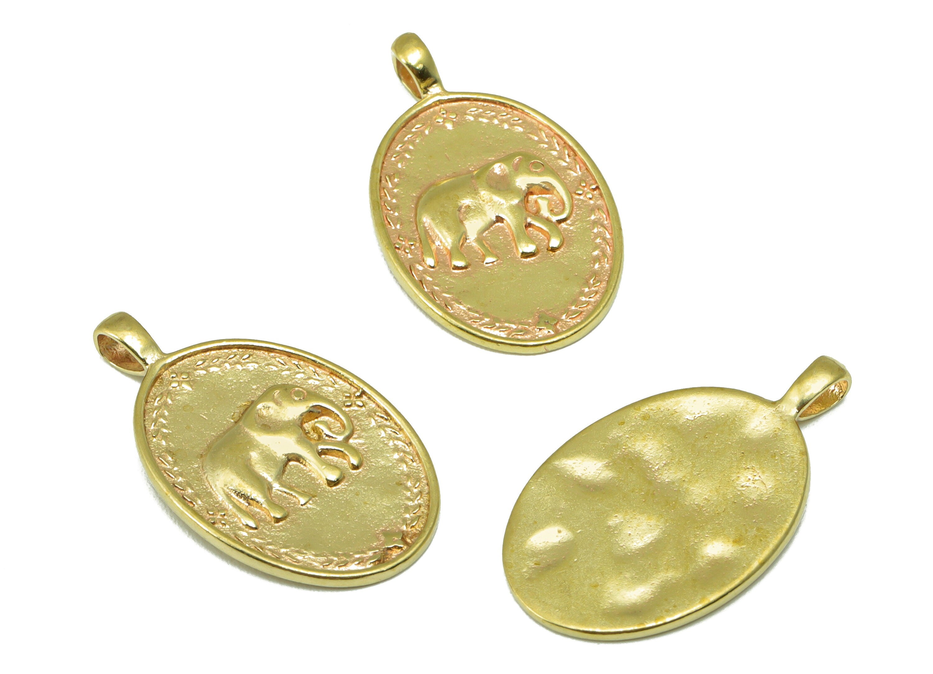 Brass Ellipse Earring - Brass Elephant Frone Oval Pendant - Brass Vintage Lace Looking Charm - For Necklace - 23.35 x 13.48 x 1.28mm- PP8508 - DOMEDBAZAAR
