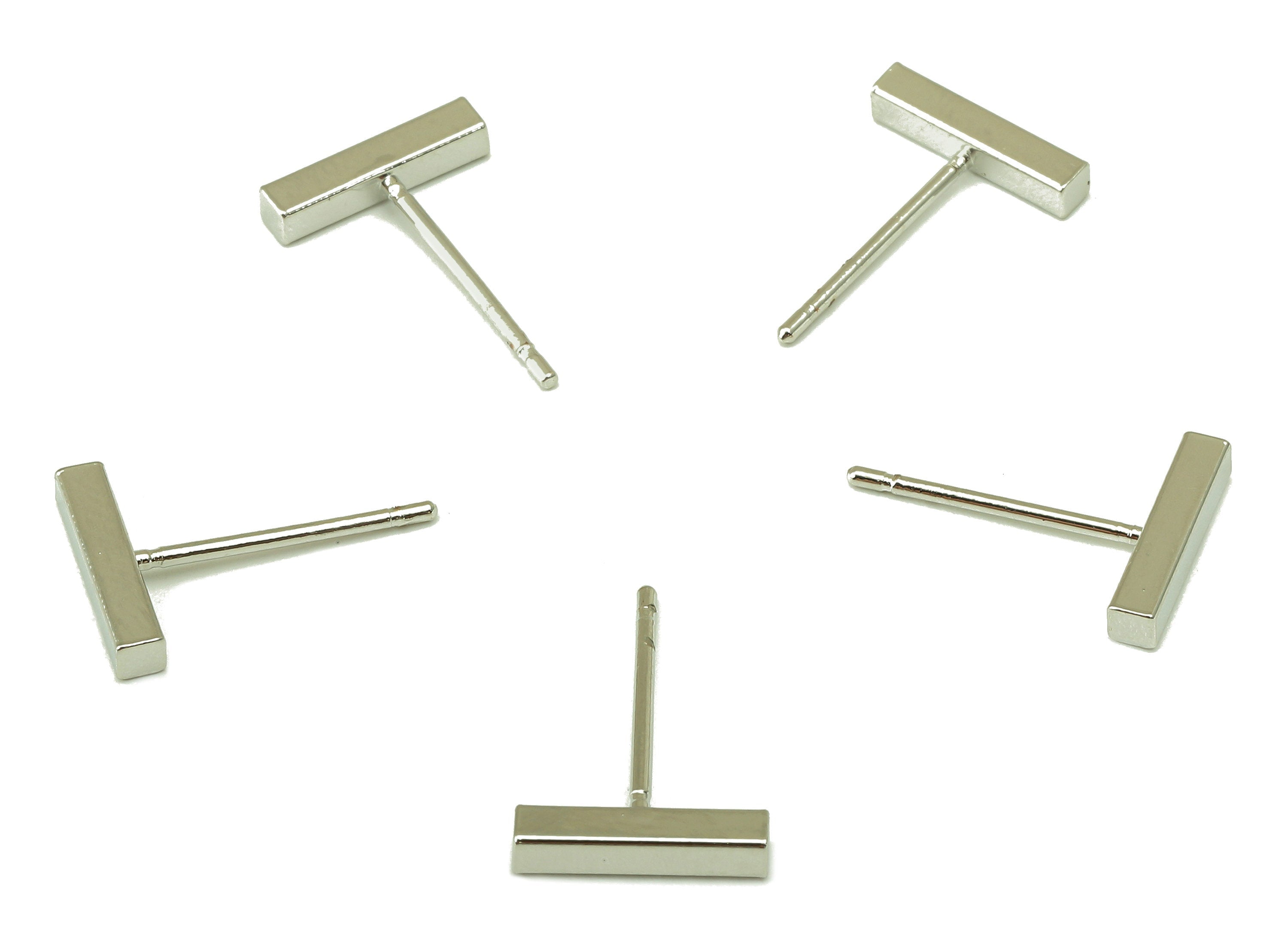 Silver Mini Bar Earring Stud - Geometric Earrings - T Letter Ear Stud- Flat Bar Post -18K Real White Gold Plated - 10x2x2mm-RGP5926S - DOMEDBAZAAR