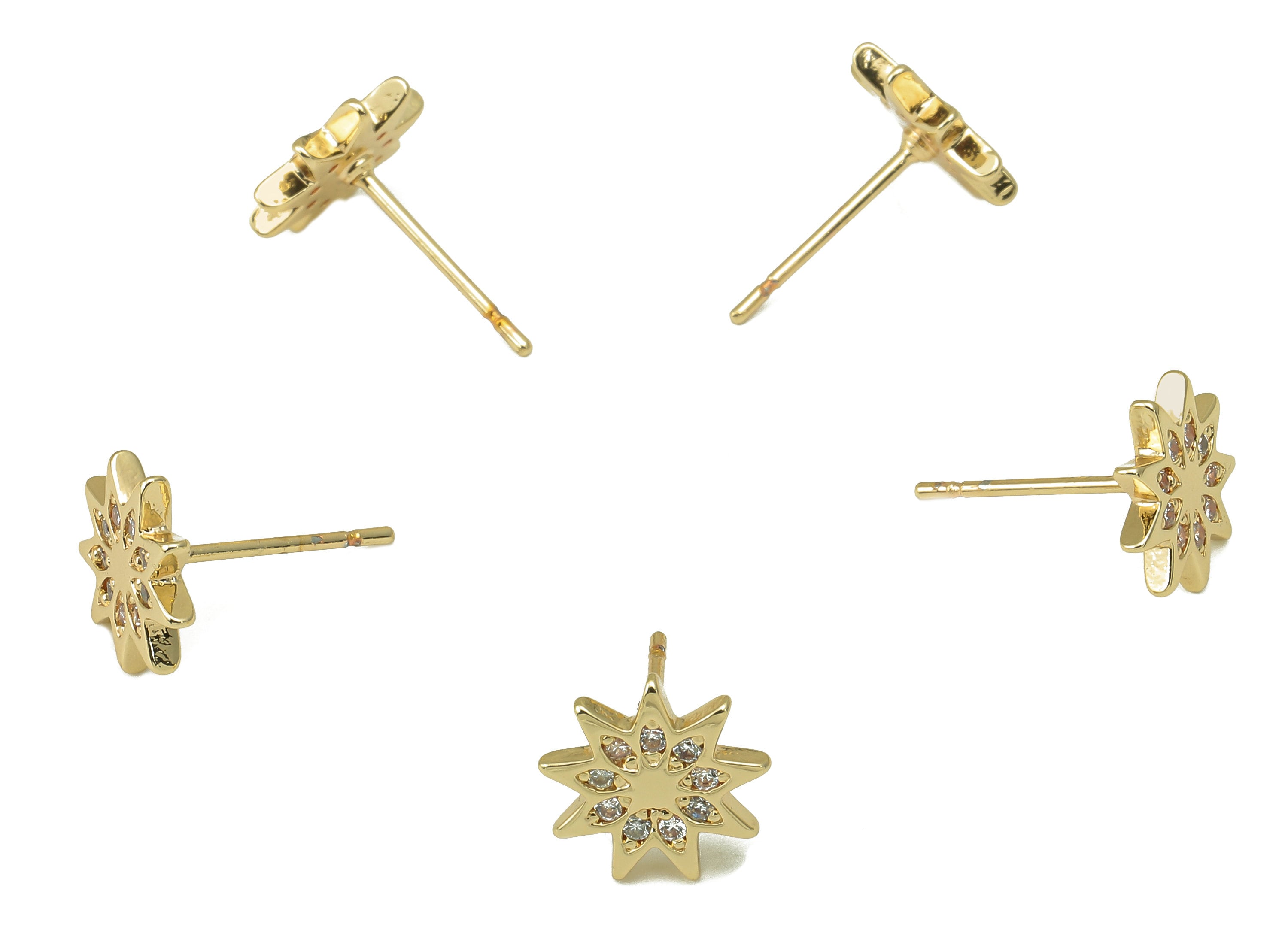 Brass Flower Earring Stud with Zircons -Star Steel Stud - Earring Post -18K Real Gold Plated - Jewelry Supplies-Findings-9x9x1.5mm-RGP5928G - DOMEDBAZAAR