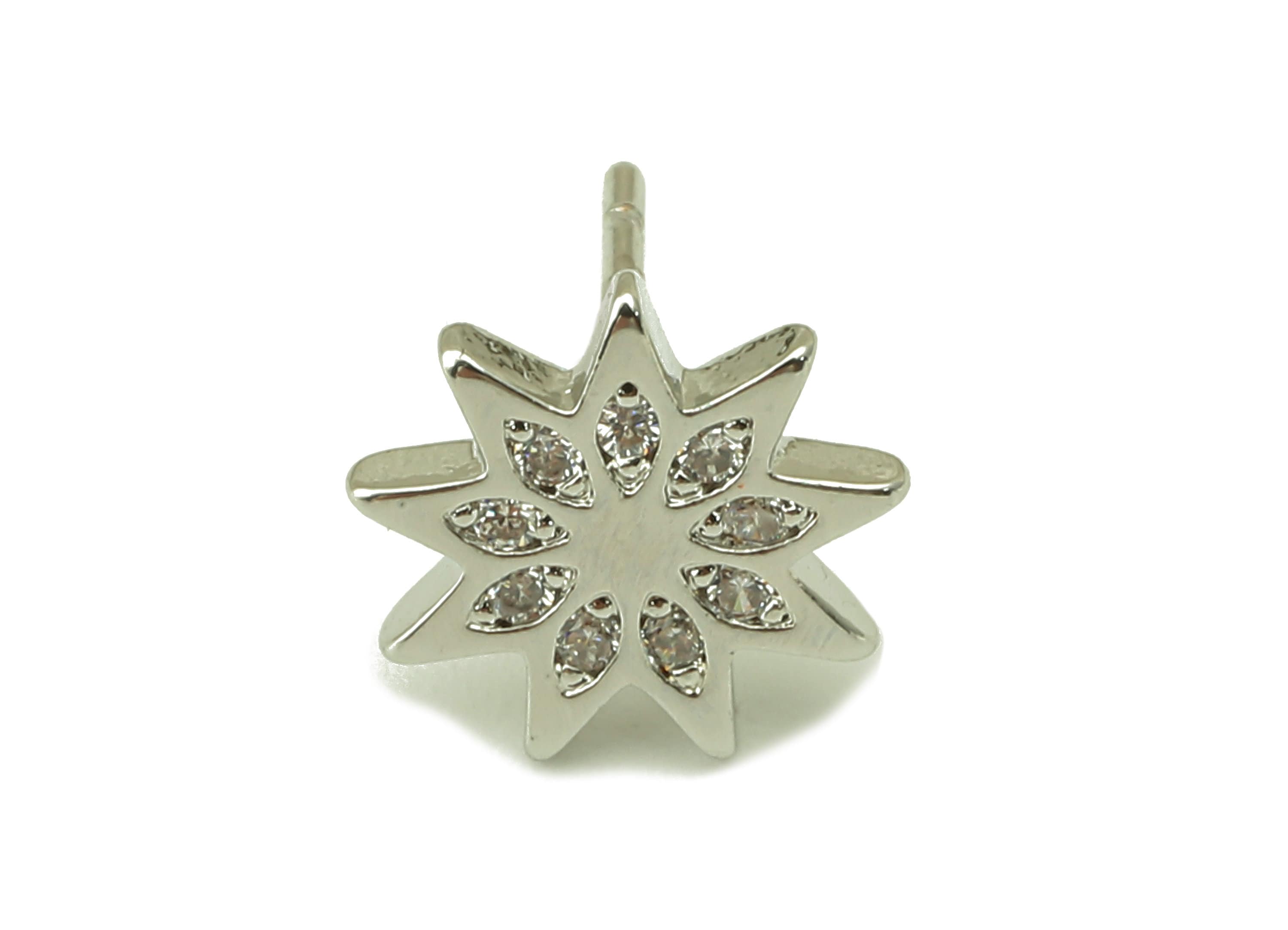 Silver Flower Earring Stud with Zircons -Star Steel Stud - Earring Post -18K Real White Gold Plated - Jewelry Supplies-9x9x1.5mm-RGP5928S - DOMEDBAZAAR
