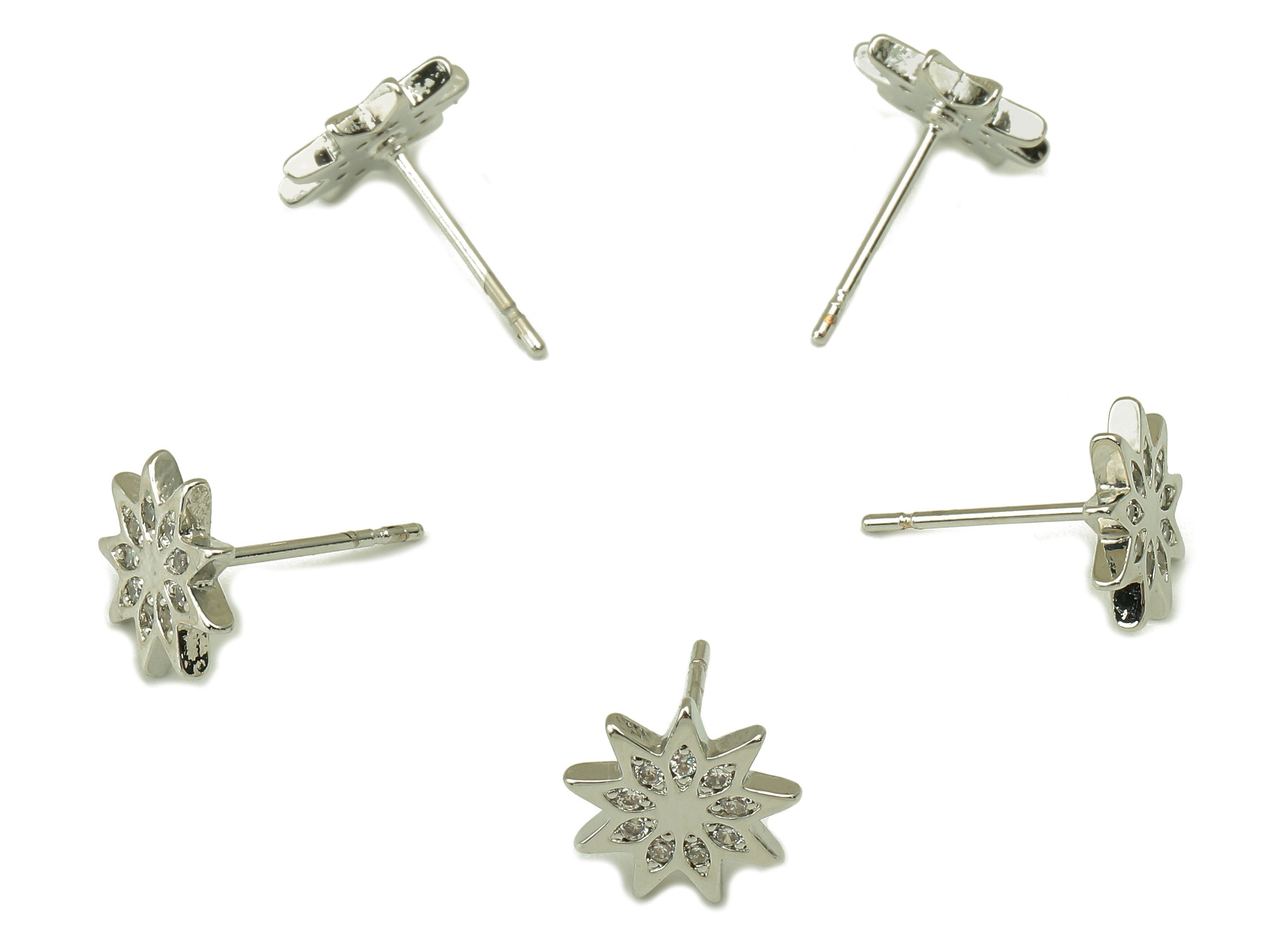 Silver Flower Earring Stud with Zircons -Star Steel Stud - Earring Post -18K Real White Gold Plated - Jewelry Supplies-9x9x1.5mm-RGP5928S - DOMEDBAZAAR