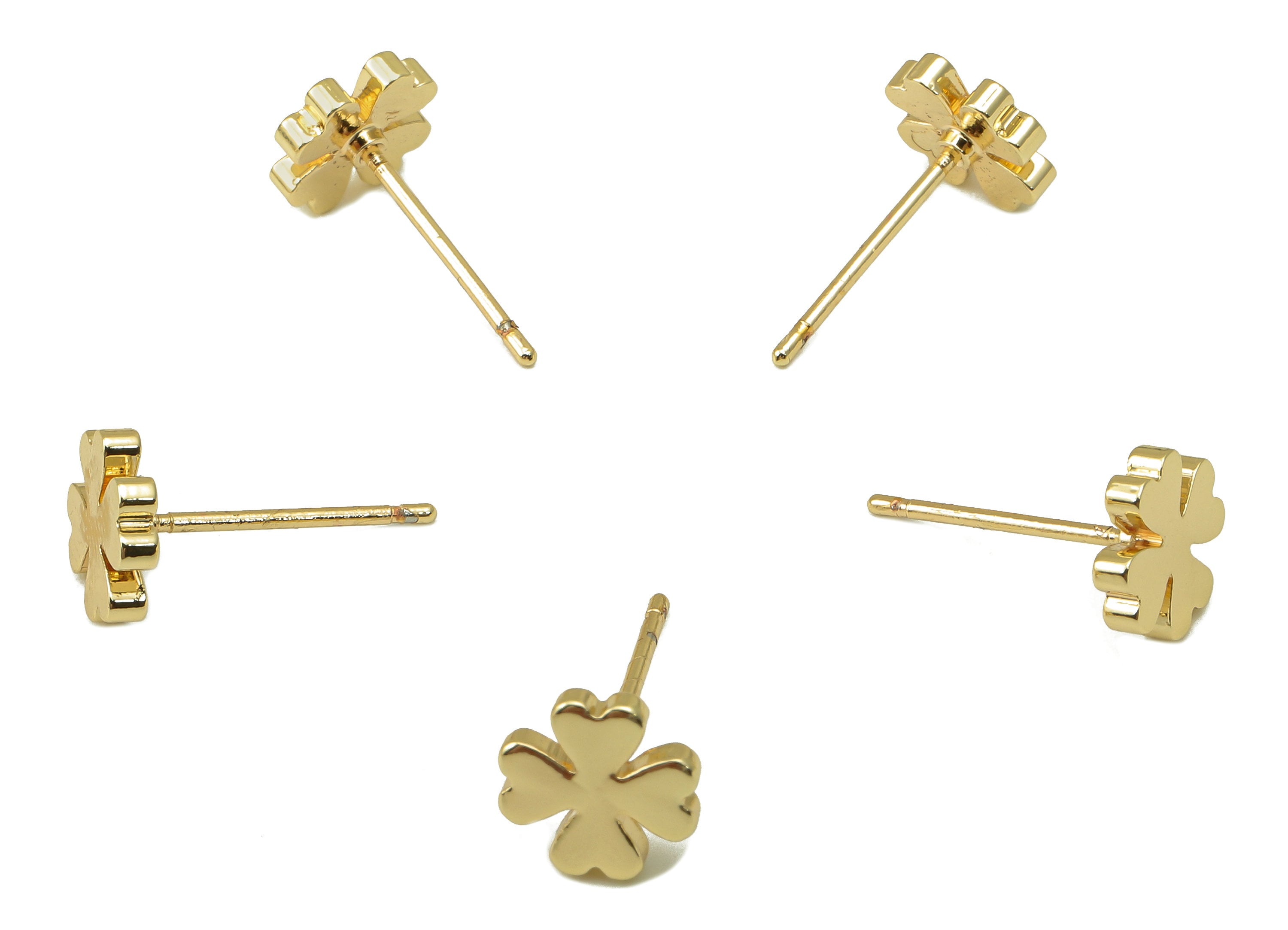 Brass Clover Earring Stud - Four-Leaf Clover Earring Post -18K Real Gold Plated - Jewelry Supplies-Earring Findings-8x8x2mm-RGP5931G - DOMEDBAZAAR