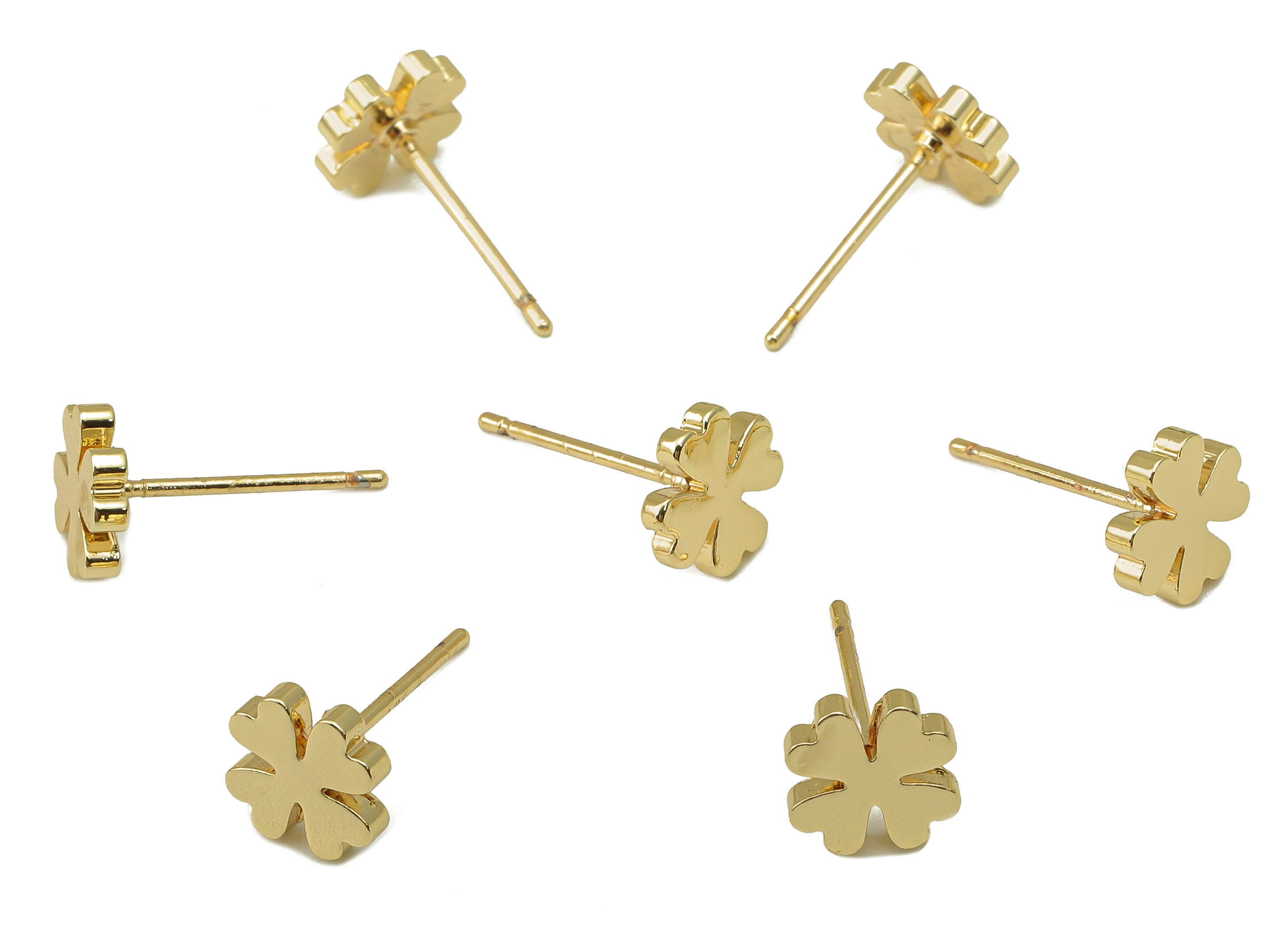 Brass Clover Earring Stud - Four-Leaf Clover Earring Post -18K Real Gold Plated - Jewelry Supplies-Earring Findings-8x8x2mm-RGP5931G - DOMEDBAZAAR
