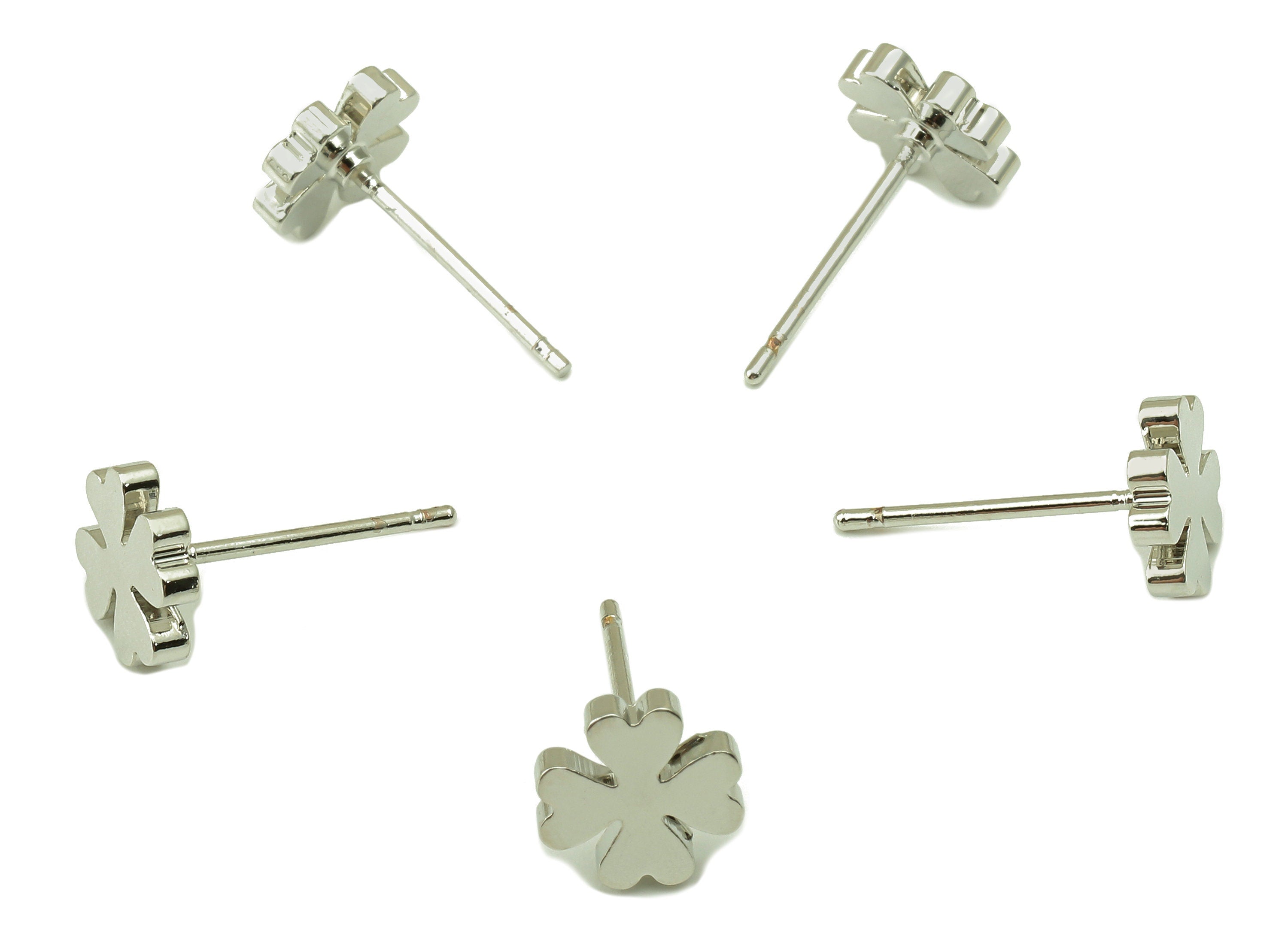 Silver Clover Earring Stud - Four-Leaf Clover Earring Post -18K Real White Gold Plated - Jewelry Supplies-Earring Findings-8x8x2mm-RGP5931S - DOMEDBAZAAR