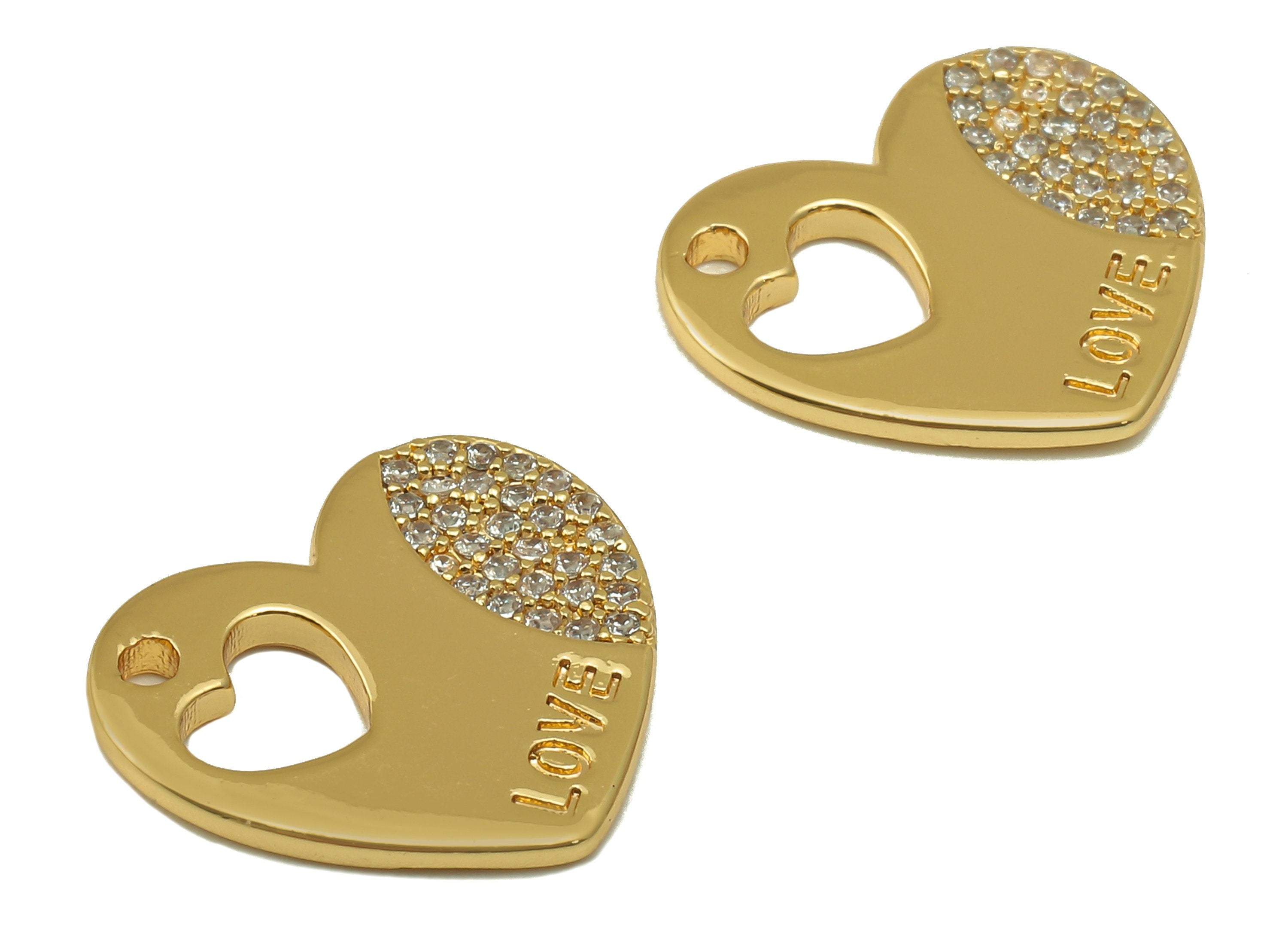 Brass Heart Earring Charm - Brass Love Heart Pendant - Cubic Zircon Earring- 18k Genuine Gold Plated-Jewelry Making-15.5x17.7x1.7mm-RGP6600 - DOMEDBAZAAR