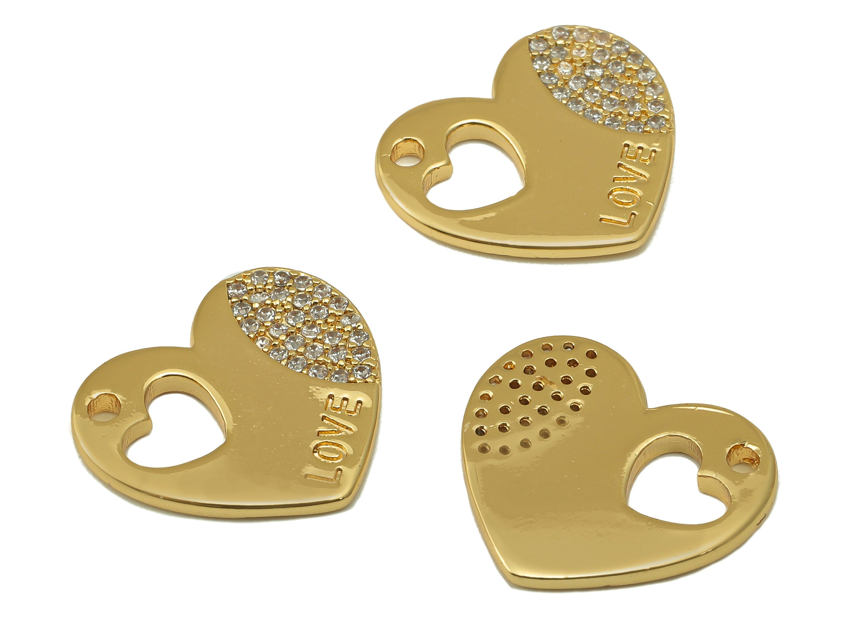 Brass Heart Earring Charm - Brass Love Heart Pendant - Cubic Zircon Earring- 18k Genuine Gold Plated-Jewelry Making-15.5x17.7x1.7mm-RGP6600 - DOMEDBAZAAR