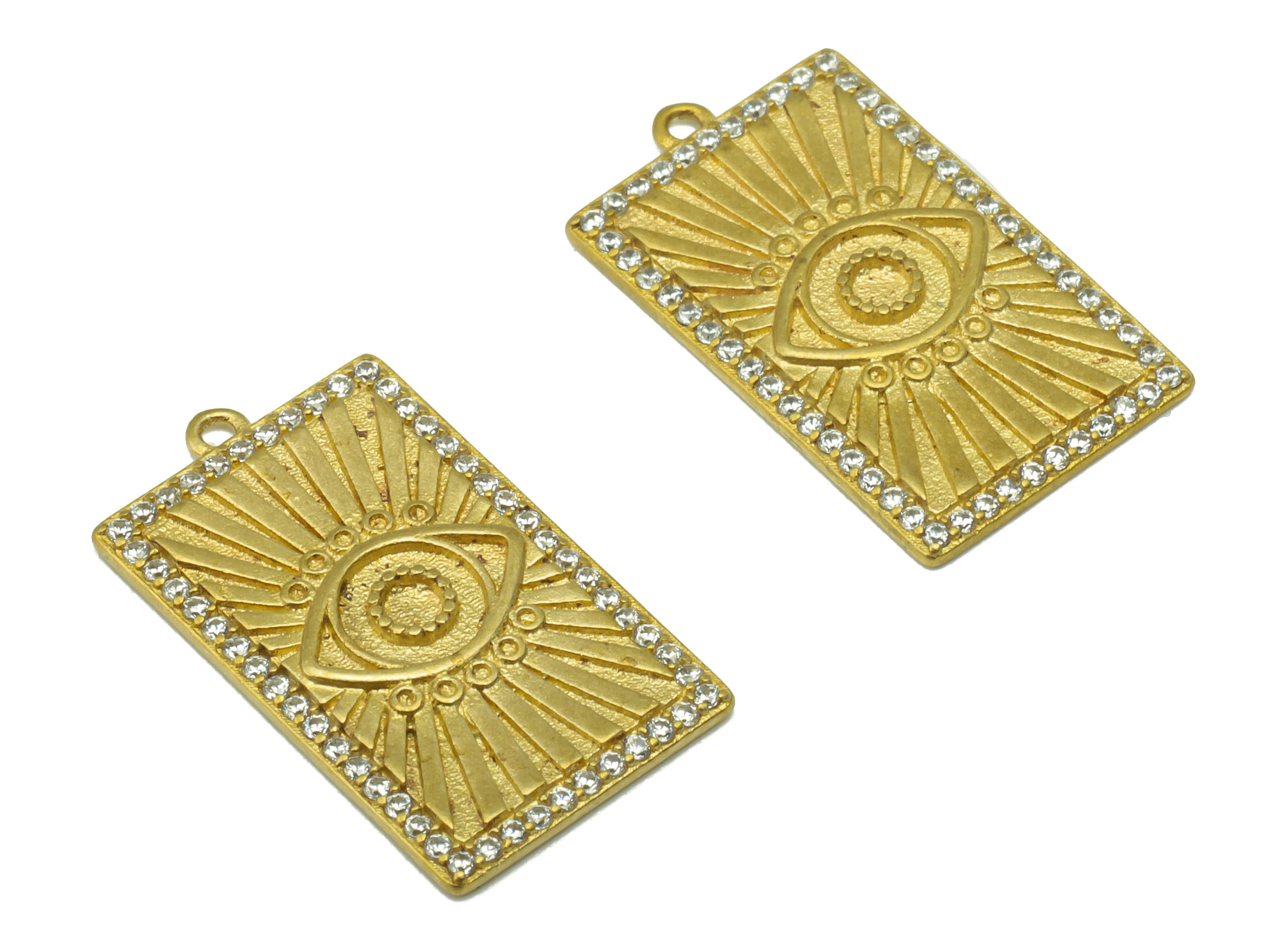 Brass Rectangle Earring Charm - Brass Eye CZ Charm -Cubic Zirconia Textured Pendant - jewelry supplies - 22.06 x 12.98 x 1.48mm - PP8524 - DOMEDBAZAAR