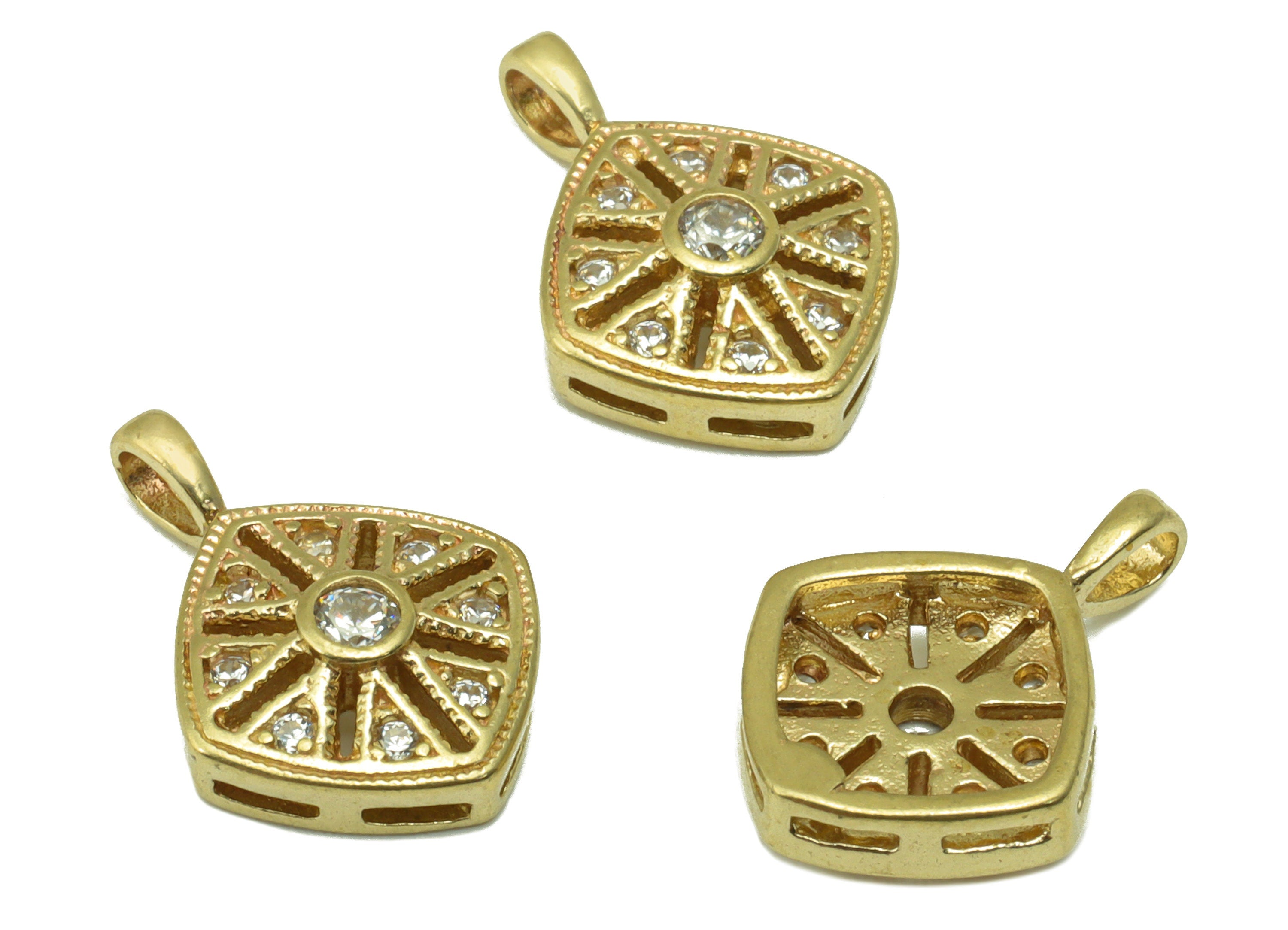Brass Square Earring Charm - Brass Hollow CZ Charm -Cubic Zirconia Textured Pendant - jewelry supplies - 15.72 x 11.2 x 0.85mm - PP8527 - DOMEDBAZAAR