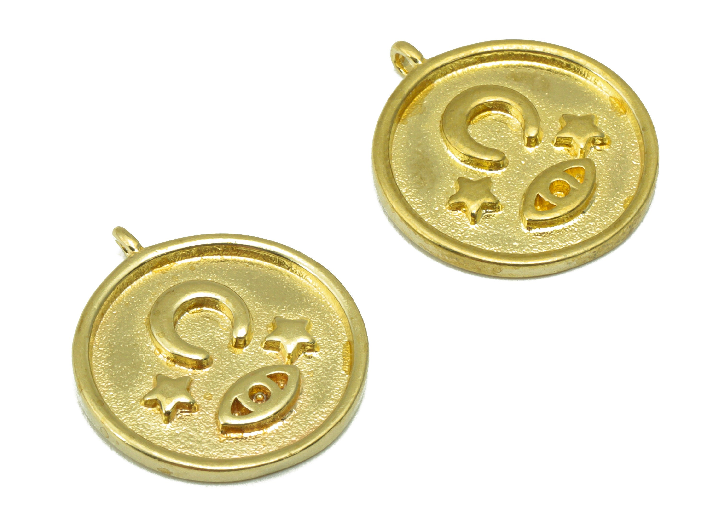 Brass Round Earring Charm - Brass Crescent Charm -Eye Star Textured Pendant - jewelry supplies - 19.76 x 17.16 x 1.71mm - PP8533 - DOMEDBAZAAR