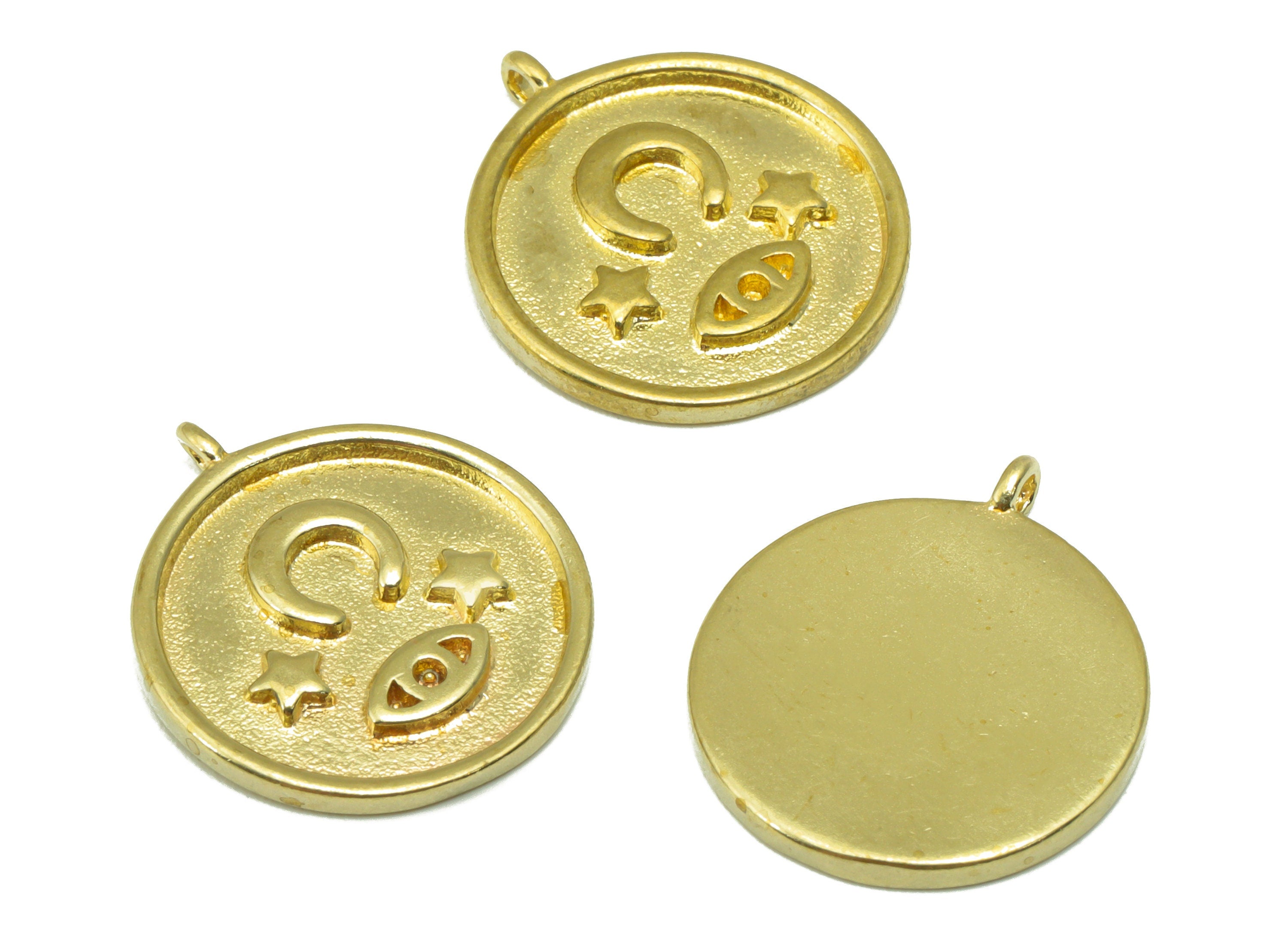 Brass Round Earring Charm - Brass Crescent Charm -Eye Star Textured Pendant - jewelry supplies - 19.76 x 17.16 x 1.71mm - PP8533 - DOMEDBAZAAR