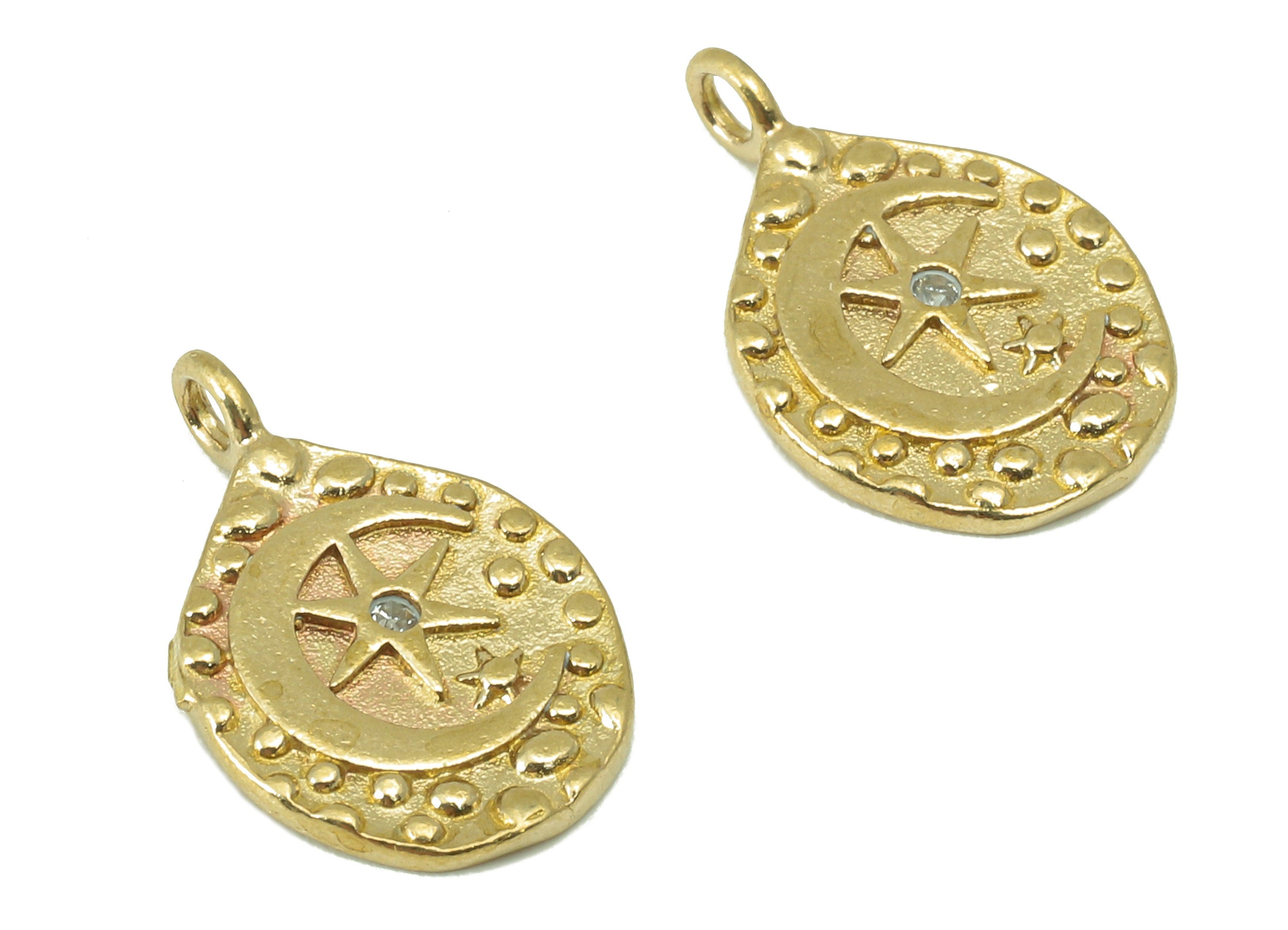 Brass Oval  Earring Charm- Raw Brass Crescent Awn star Pendant-Sky Night Charm-Cubic Zircon -Jewelry Supplies-15 x 10 x 1.23mm-PP8331 - DOMEDBAZAAR