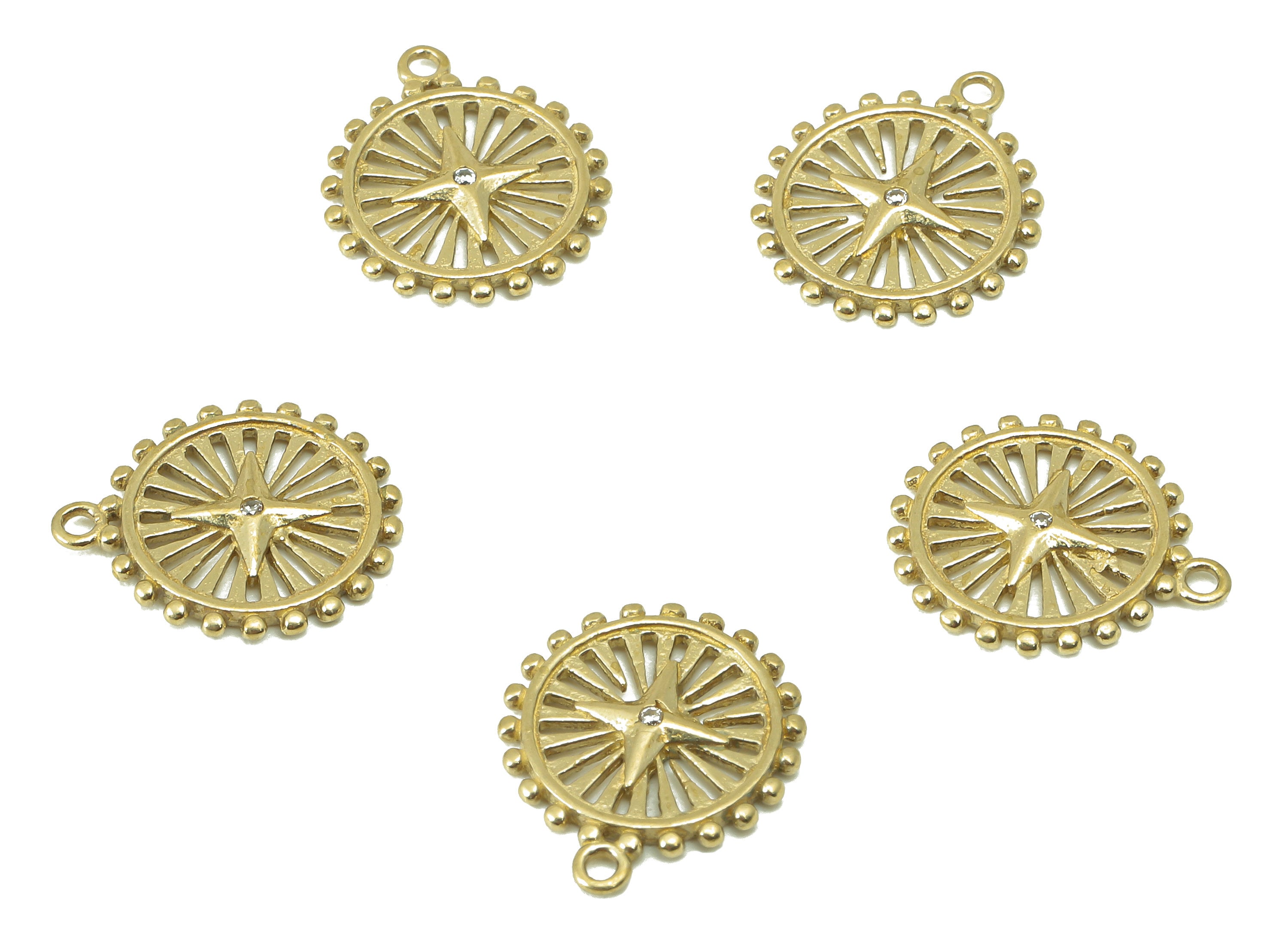 Brass Round Earring Charms-Raw Brass Star Charm-Cubic zircon-Circle Pendant With Loop -Wheel Charm-14x 12x 1.33mm-PP8347 - DOMEDBAZAAR