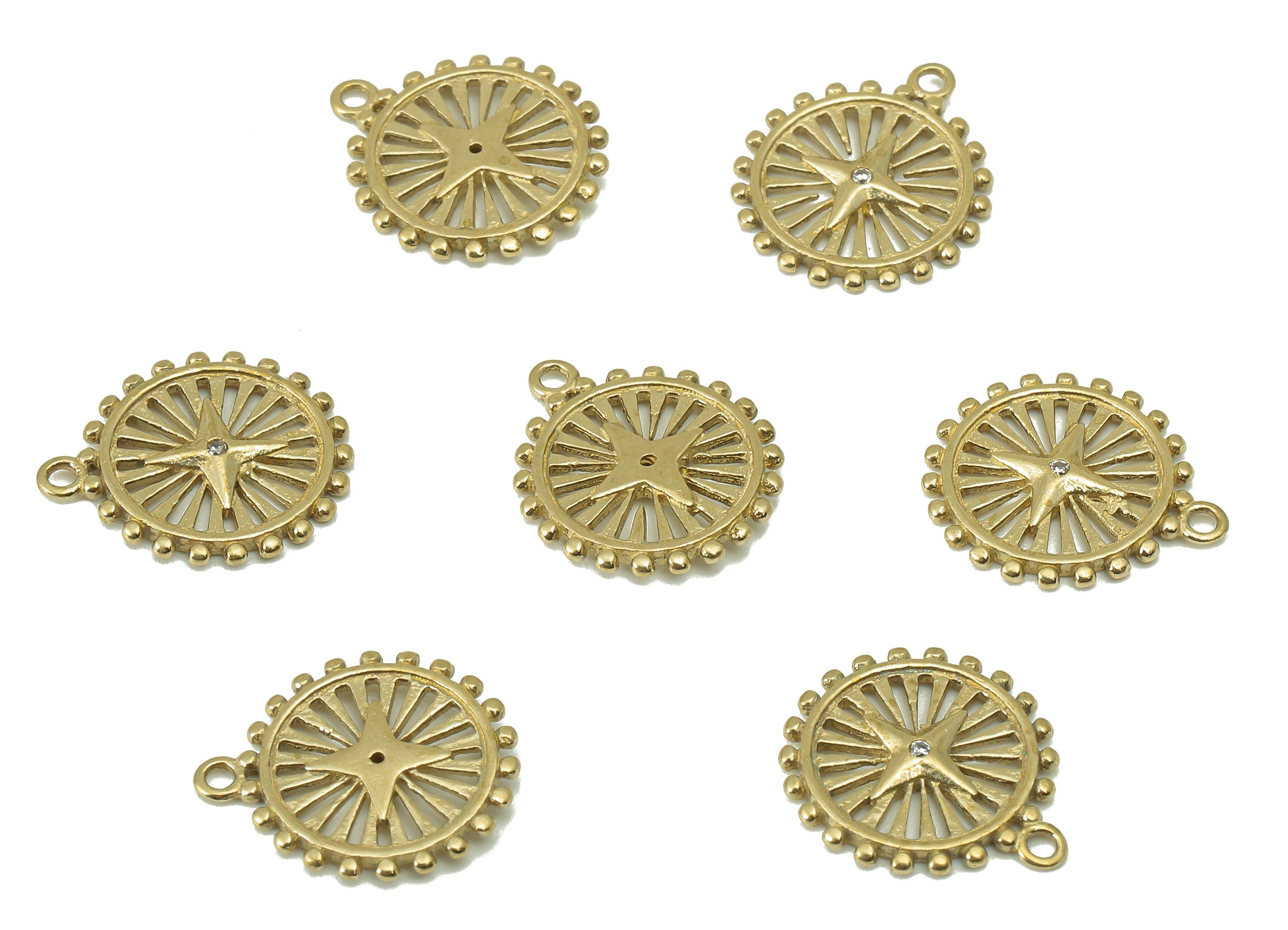 Brass Round Earring Charms-Raw Brass Star Charm-Cubic zircon-Circle Pendant With Loop -Wheel Charm-14x 12x 1.33mm-PP8347 - DOMEDBAZAAR