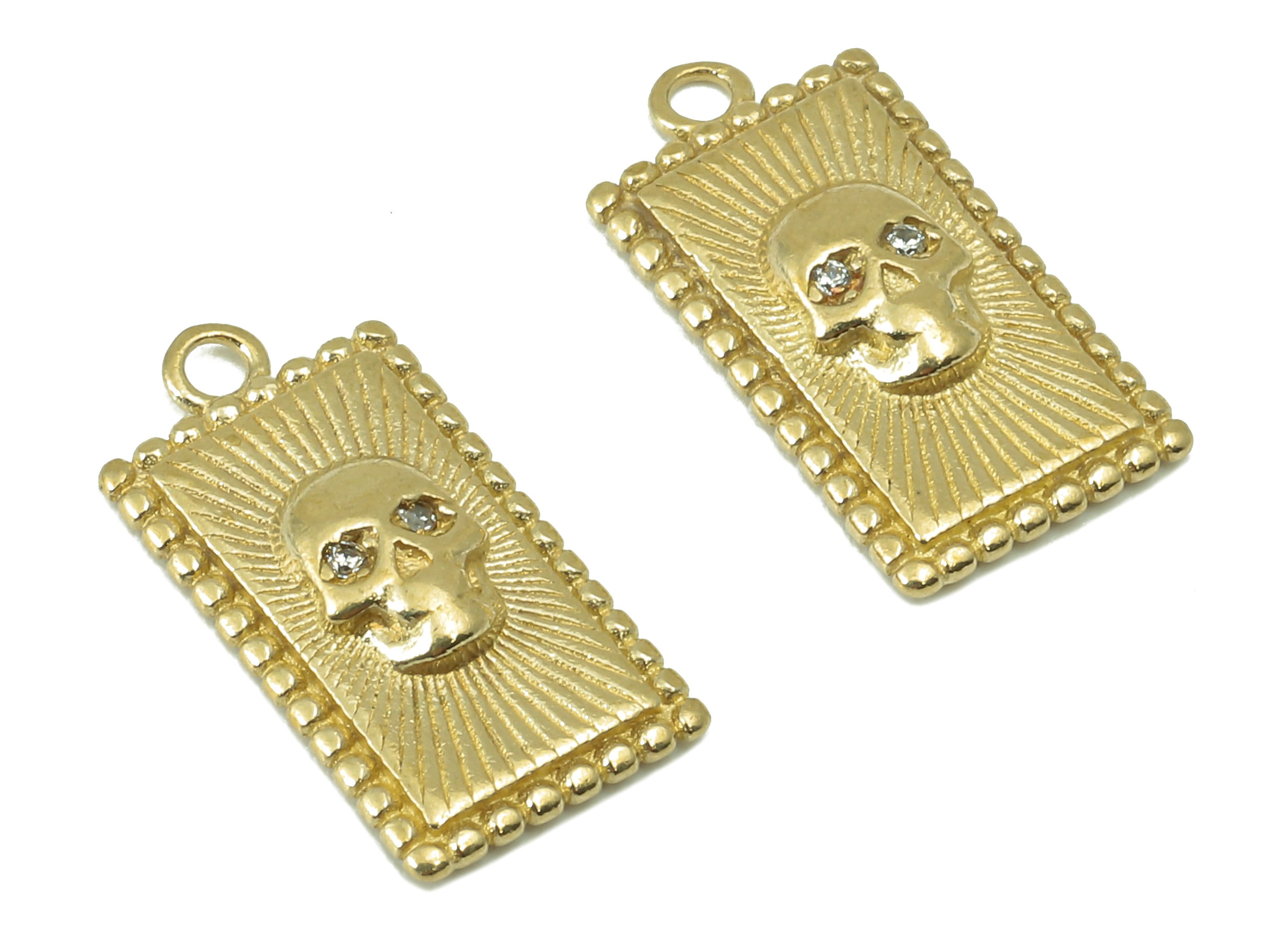Brass Rectangular Earring Charm - Brass Cubic Zircon Skull Pendant - Textured Rectangle Necklace- Jewelry Making-16 x 8 x 2.56mm-PP8330 - DOMEDBAZAAR
